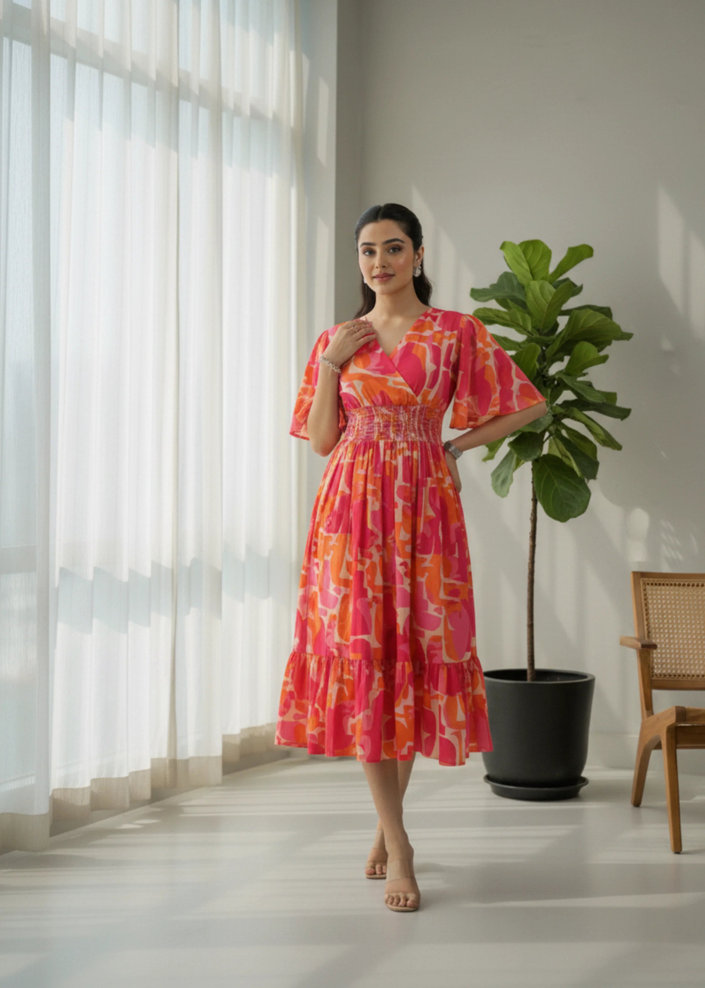 Abstract Print Crepe A Line Midi Dress
