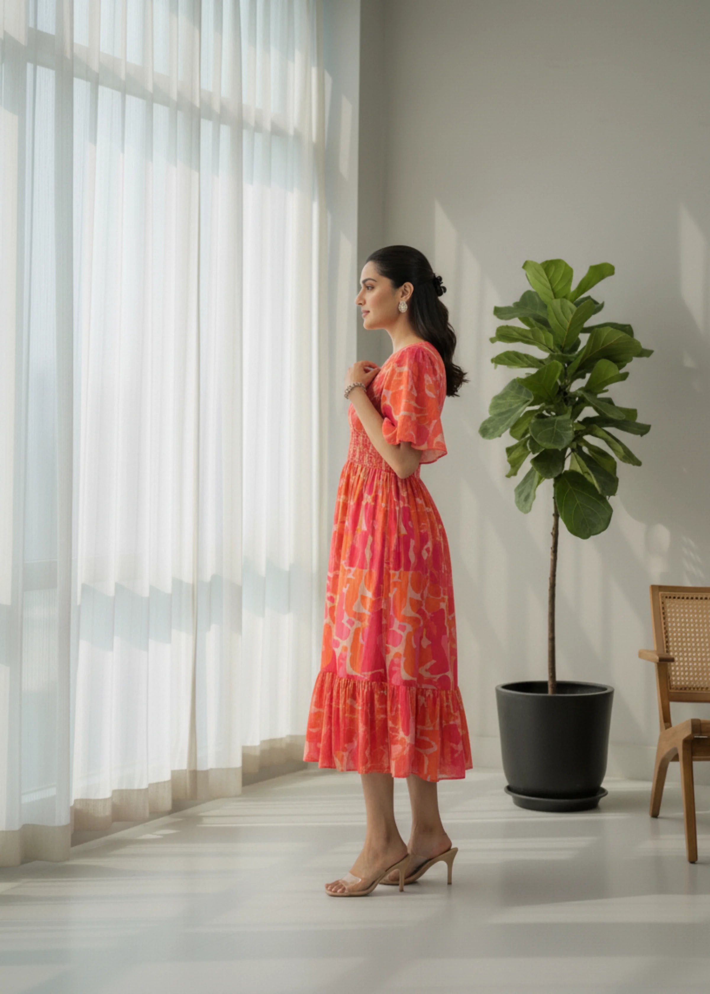 Abstract Print Crepe A Line Midi Dress