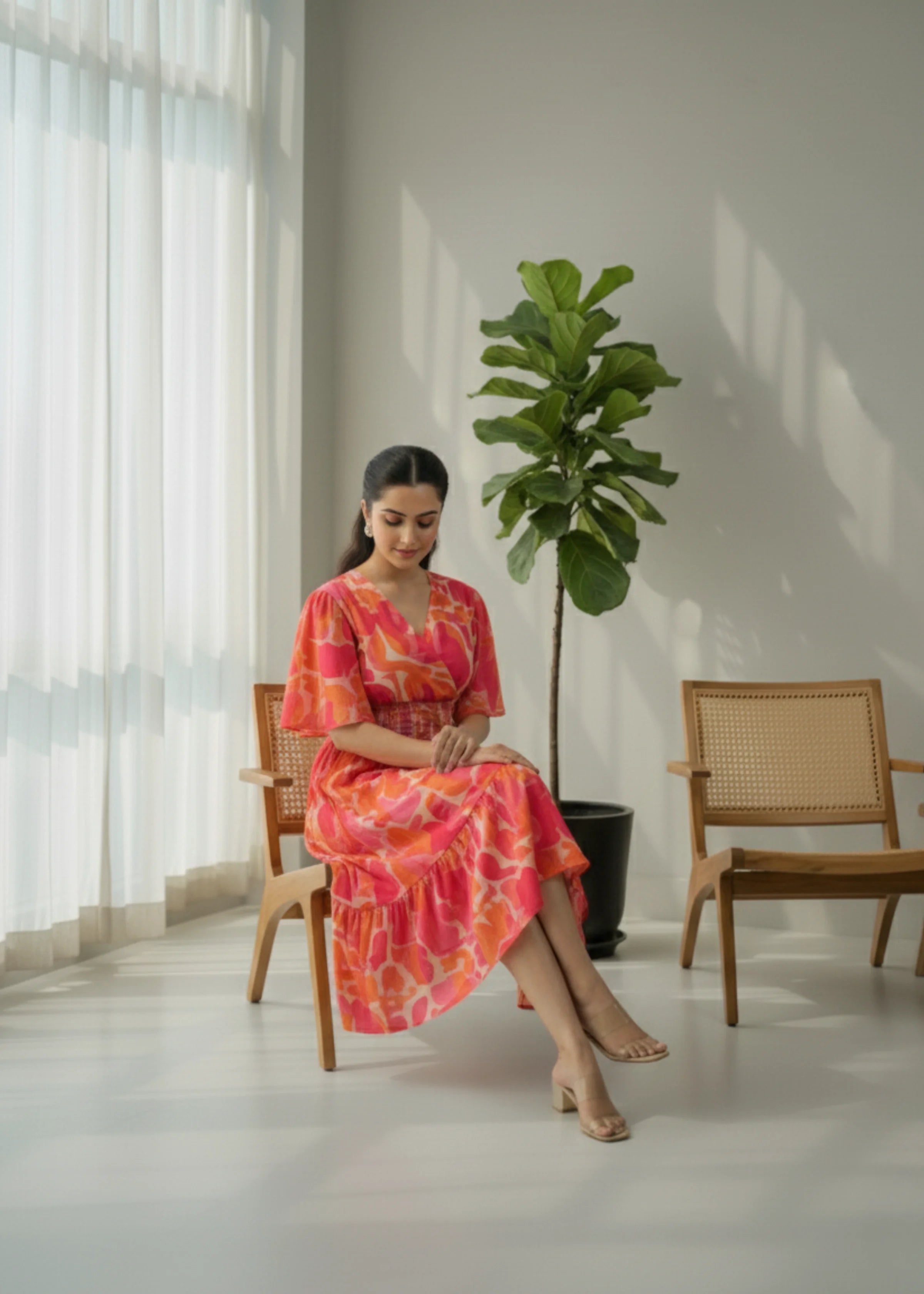 Abstract Print Crepe A Line Midi Dress