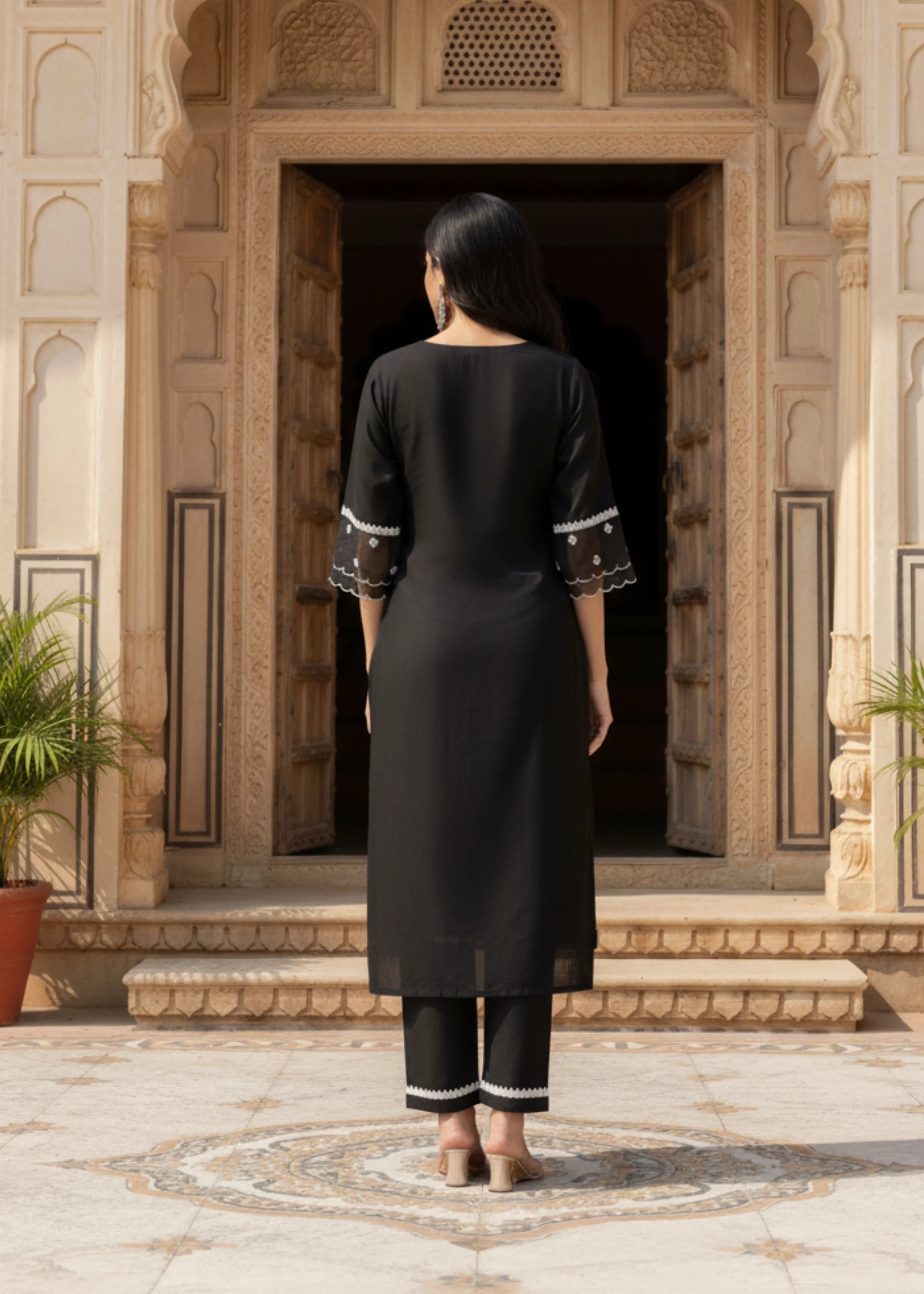 Black Cotton Embroidered Kurta with Palazzo Elegant Straight Fit Set for Women