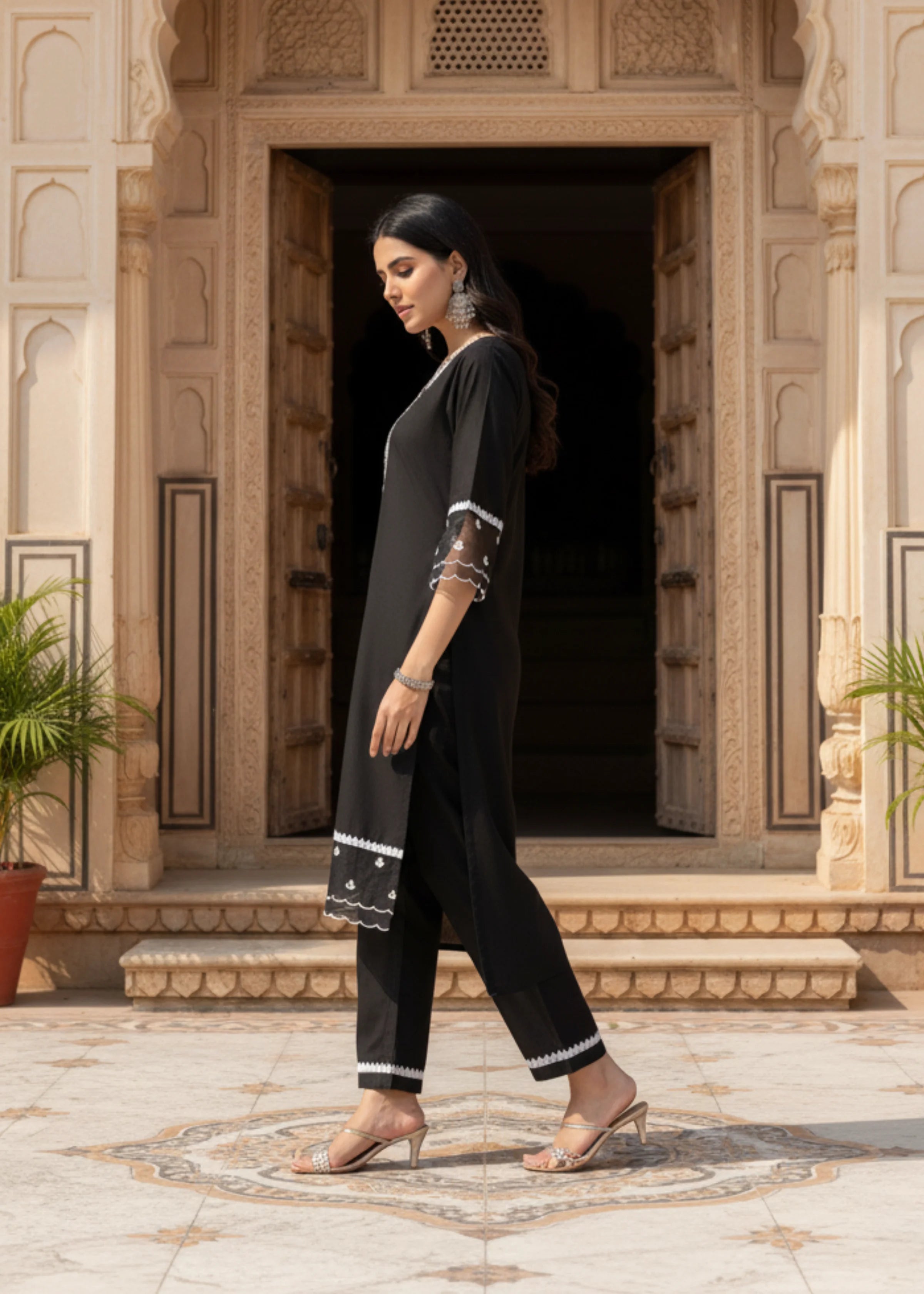 Black Cotton Embroidered Kurta with Palazzo Elegant Straight Fit Set for Women