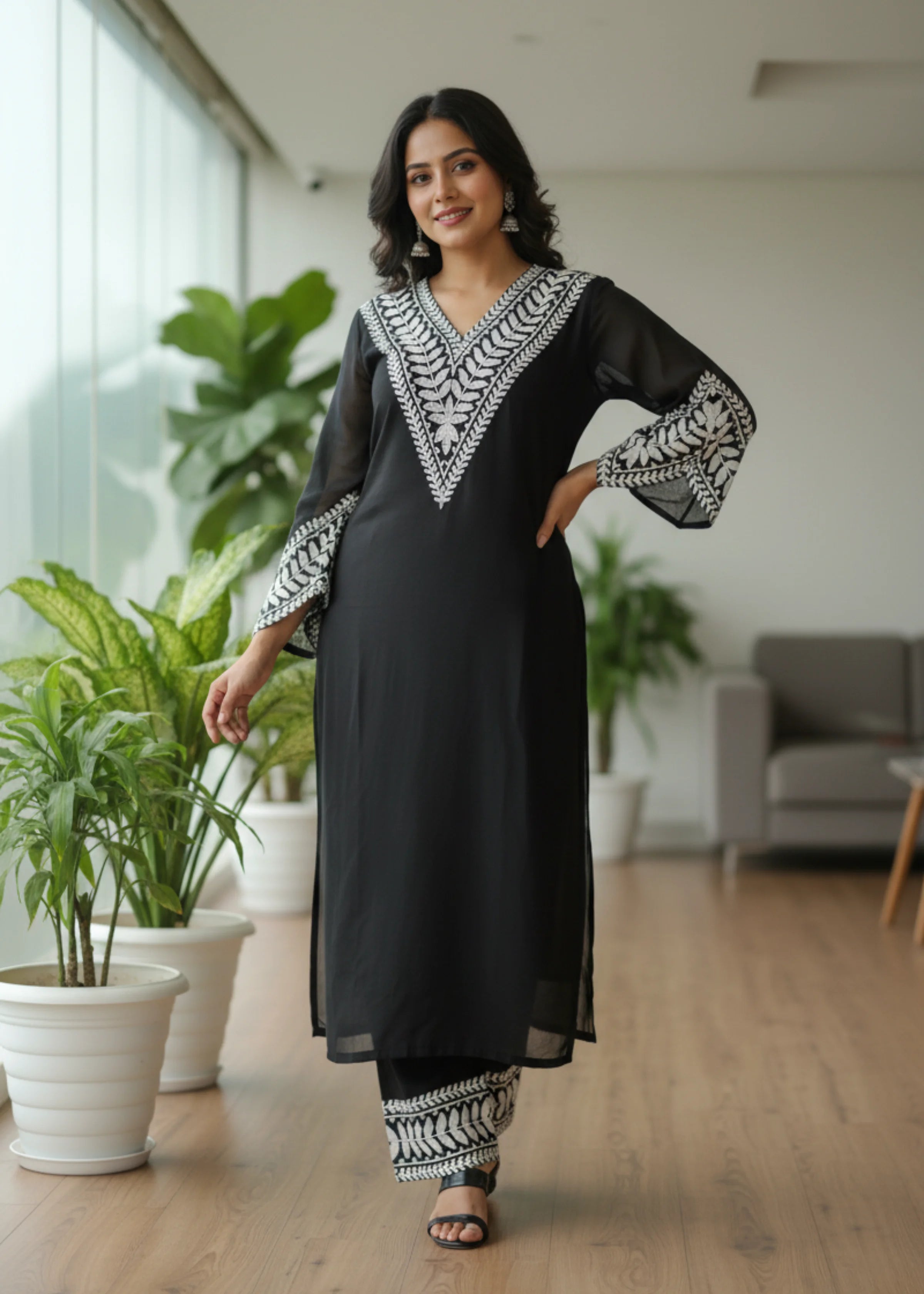 Black Georgette Embroidered Kurta Set with Palazzo Elegant Party Wear
