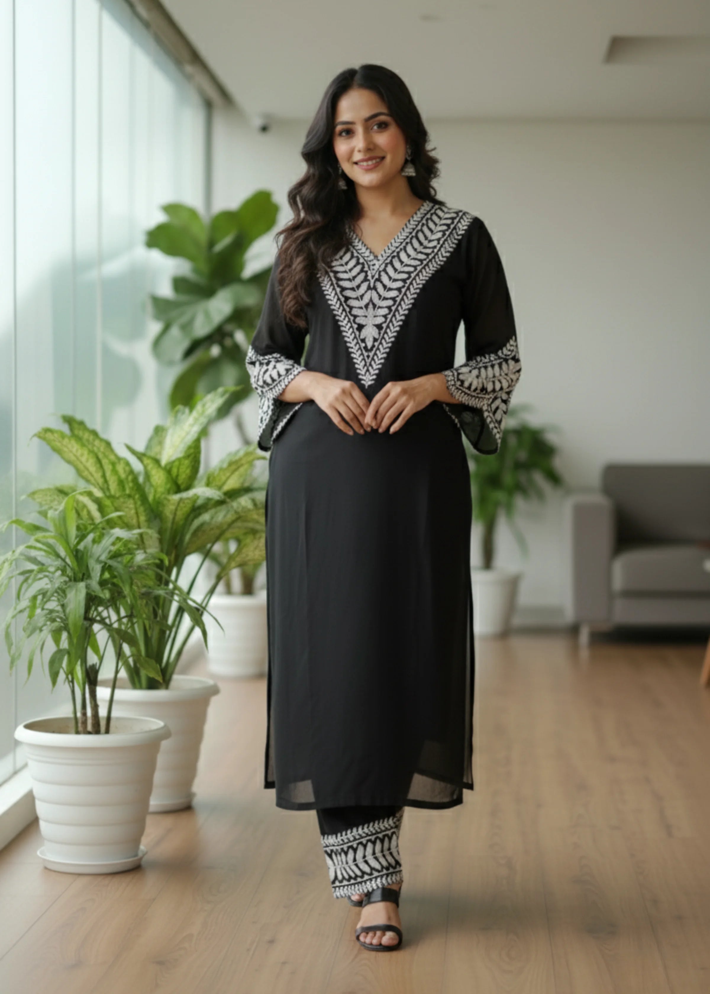 Black Georgette Embroidered Kurta Set with Palazzo Elegant Party Wear