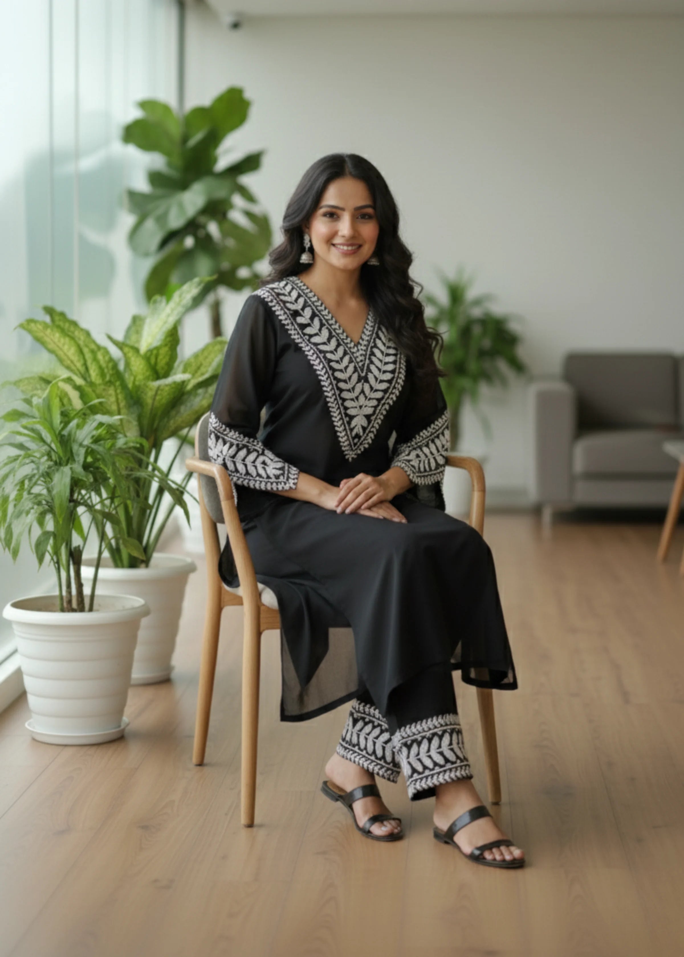 Black Georgette Embroidered Kurta Set with Palazzo Elegant Party Wear
