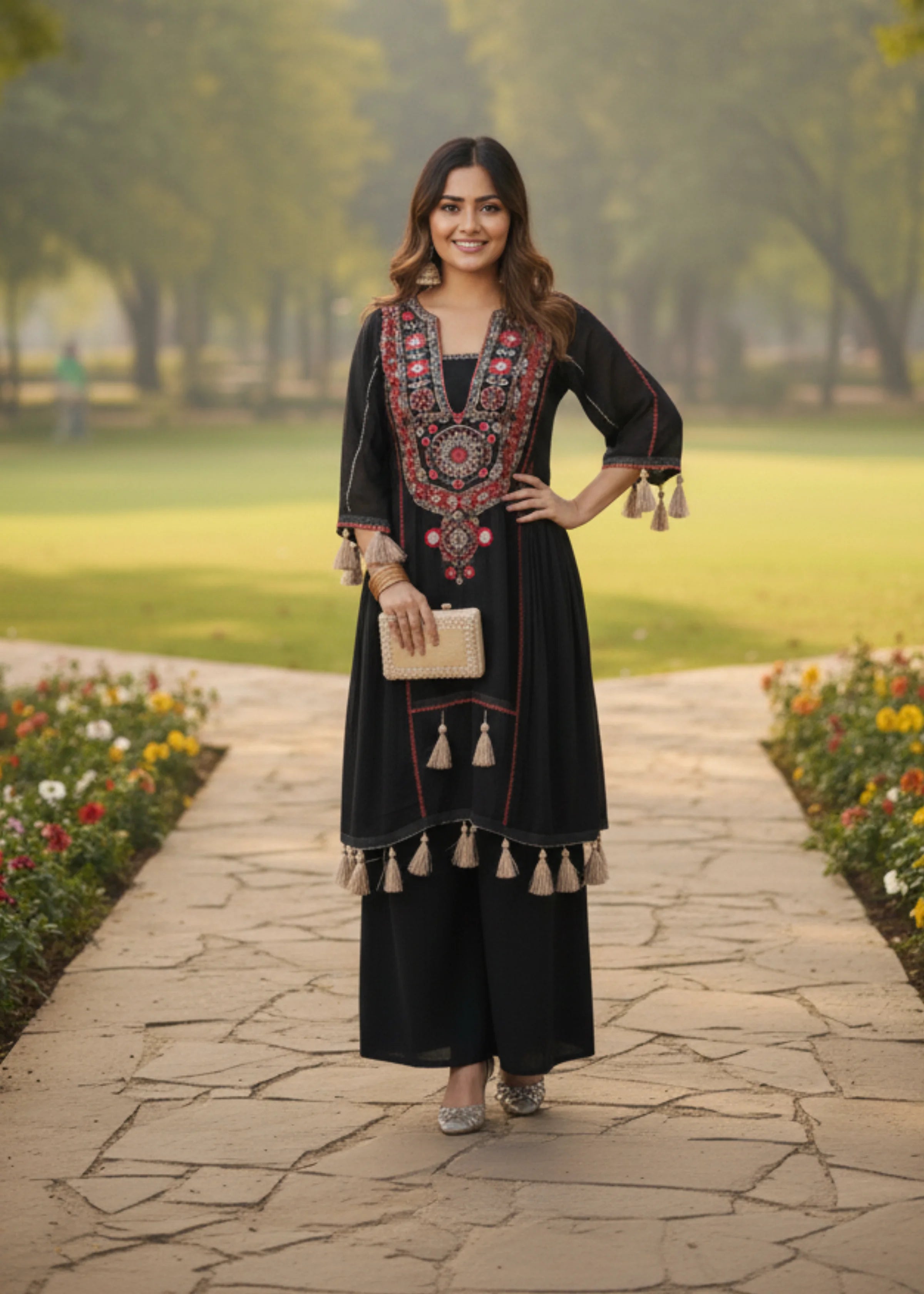 Black Khadi Cotton Festival Special Kurta Palazzo Set with Mirror Work