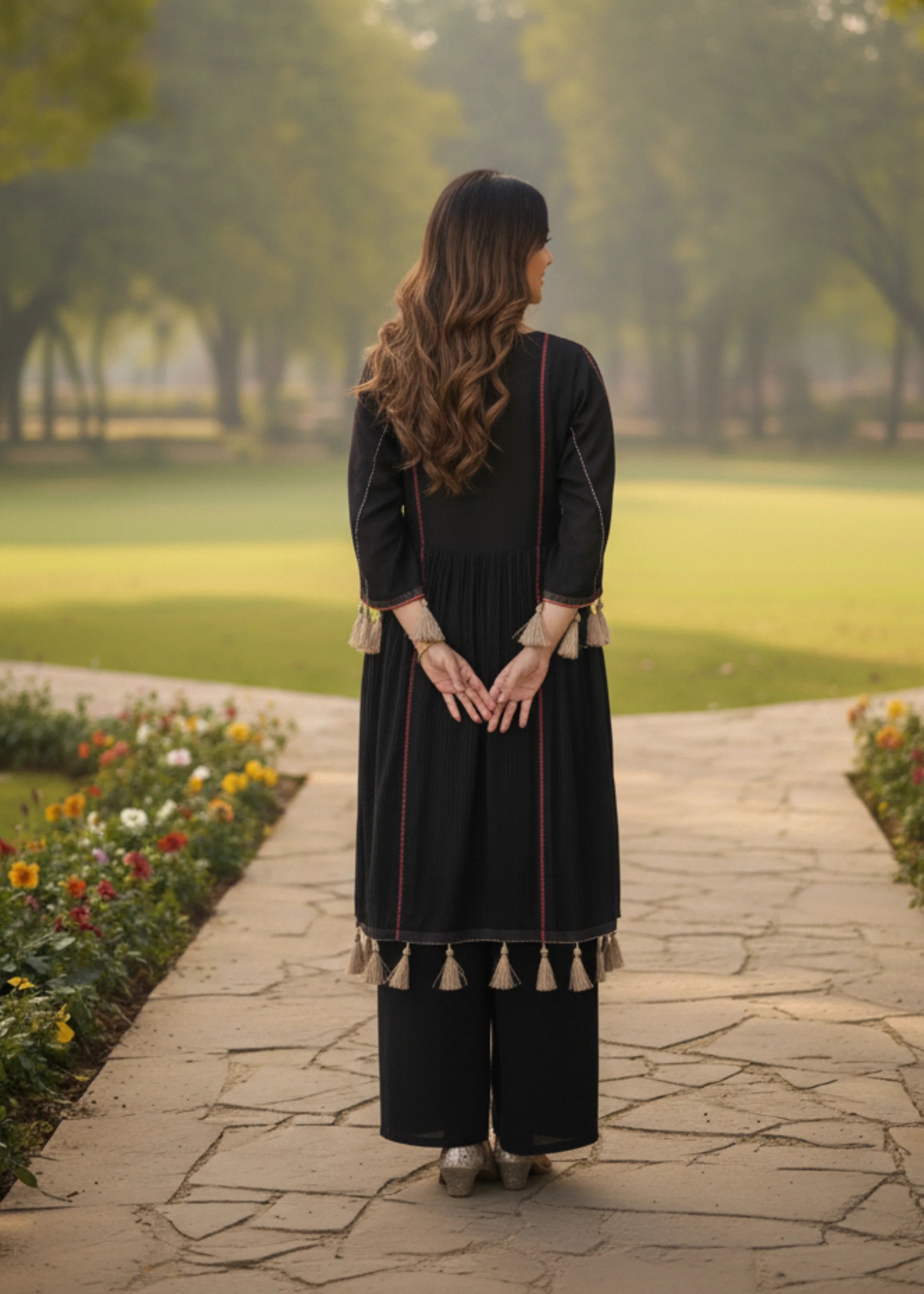 Black Khadi Cotton Festival Special Kurta Palazzo Set with Mirror Work