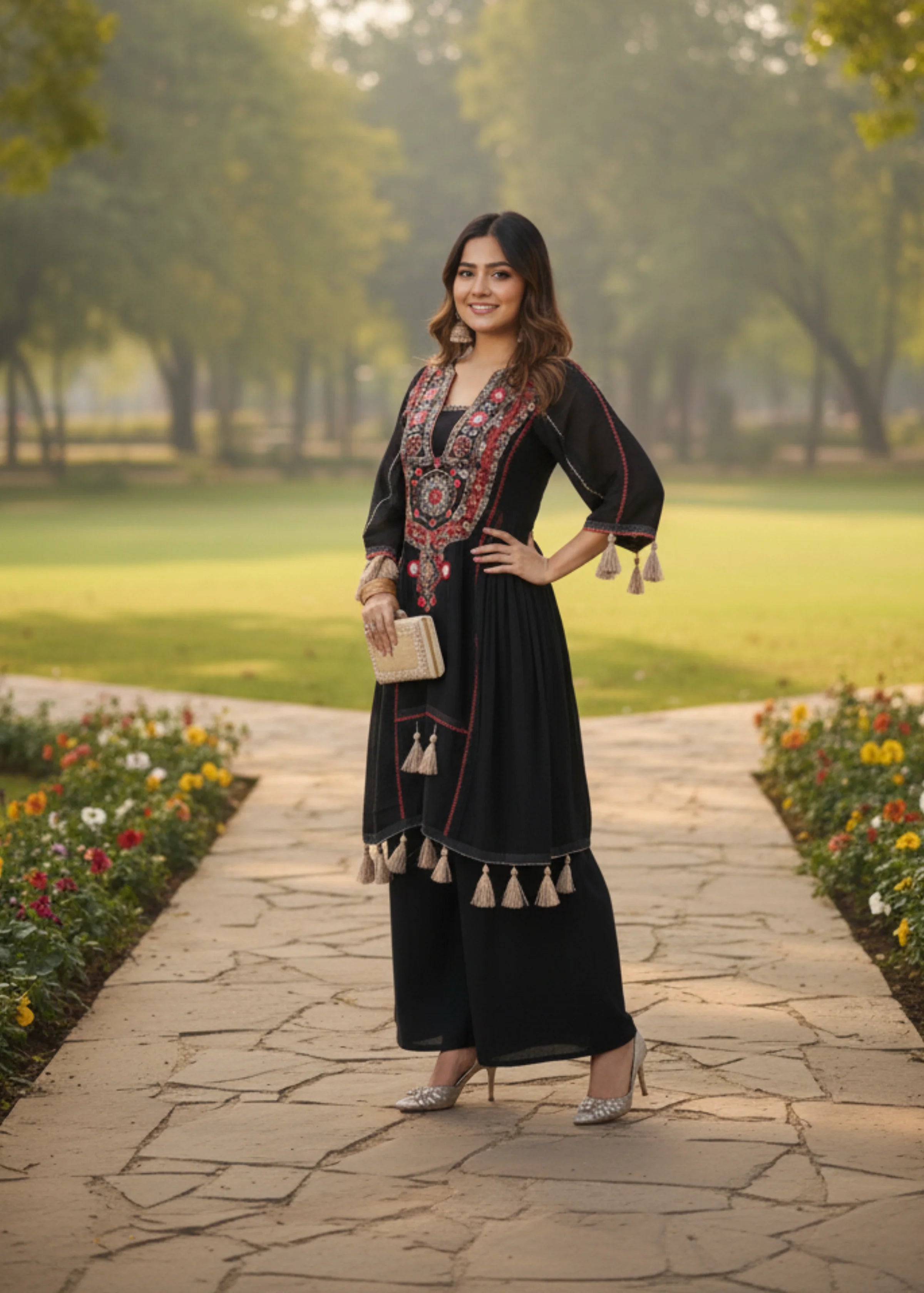 Black Khadi Cotton Festival Special Kurta Palazzo Set with Mirror Work