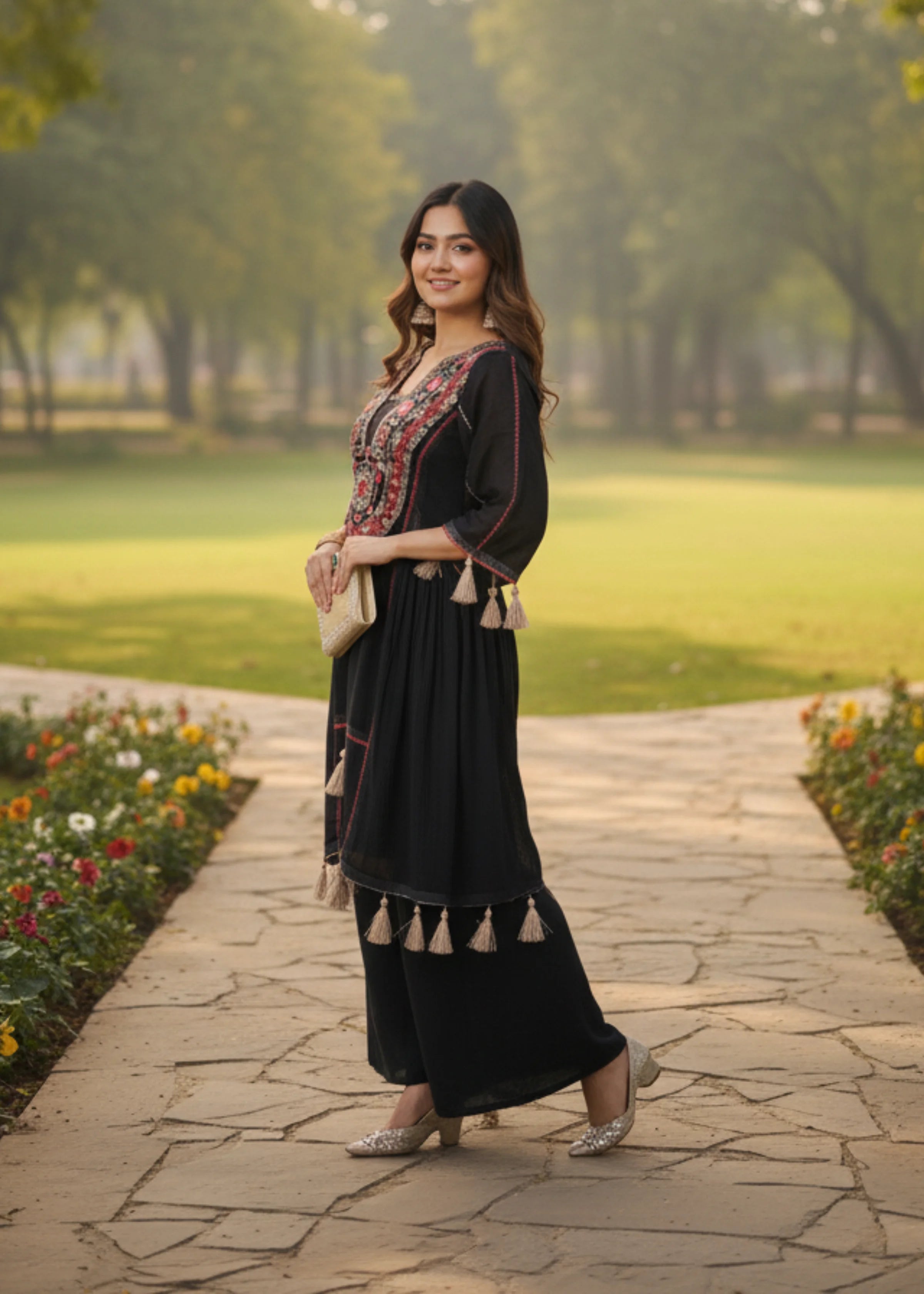 Black Khadi Cotton Festival Special Kurta Palazzo Set with Mirror Work
