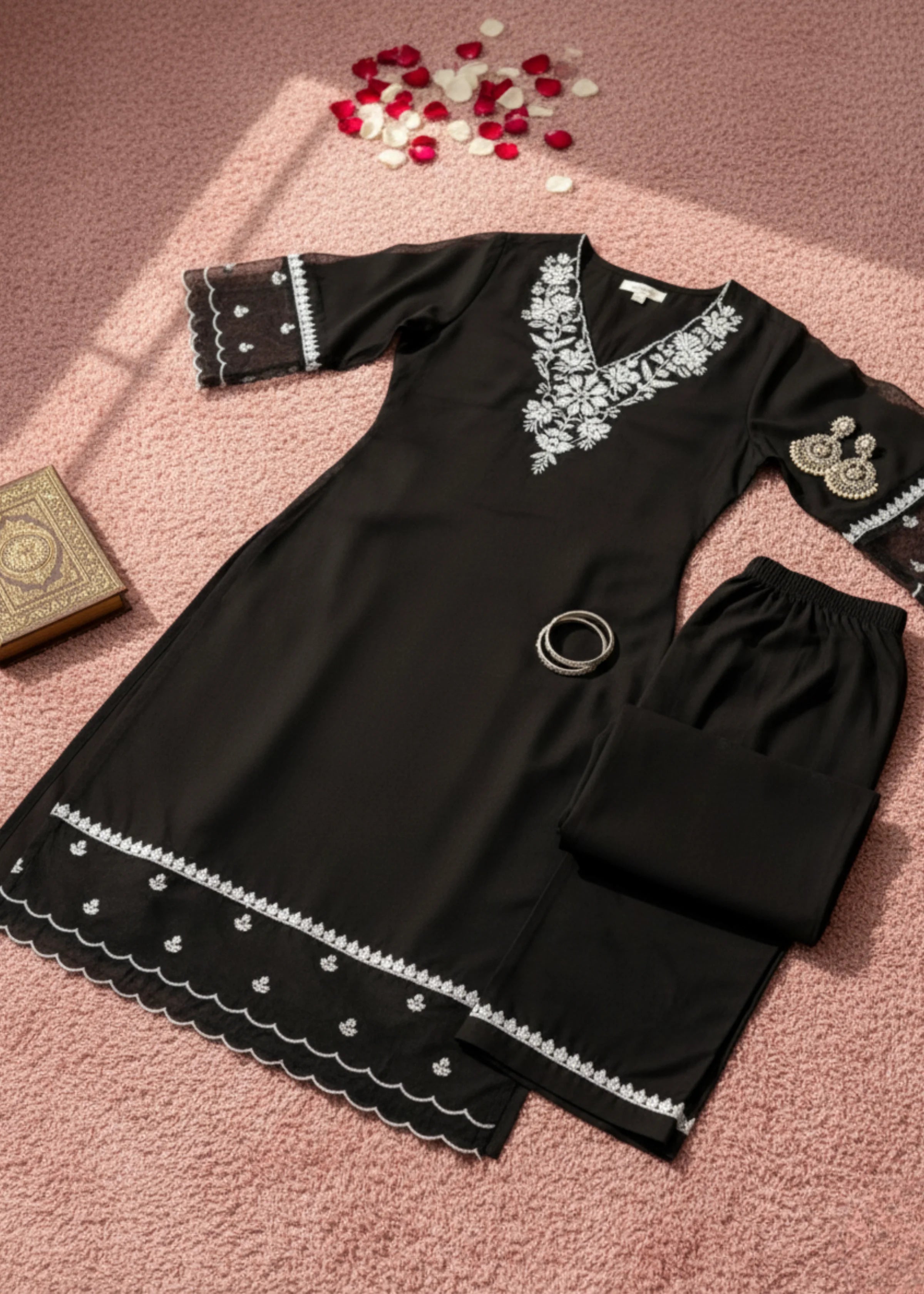 Black Cotton Embroidered Kurta with Palazzo Elegant Straight Fit Set for Women