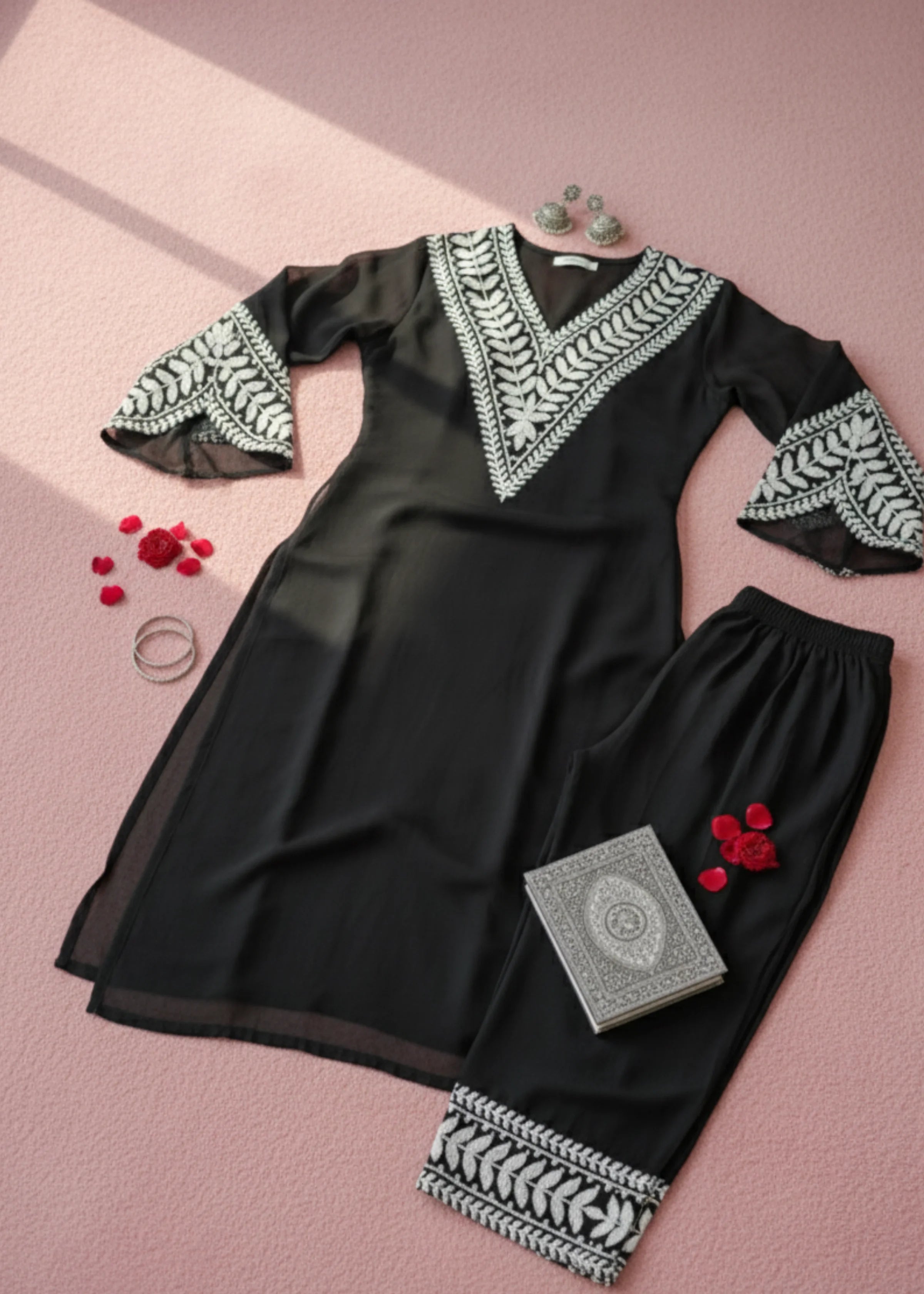 Black Georgette Embroidered Kurta Set with Palazzo Elegant Party Wear