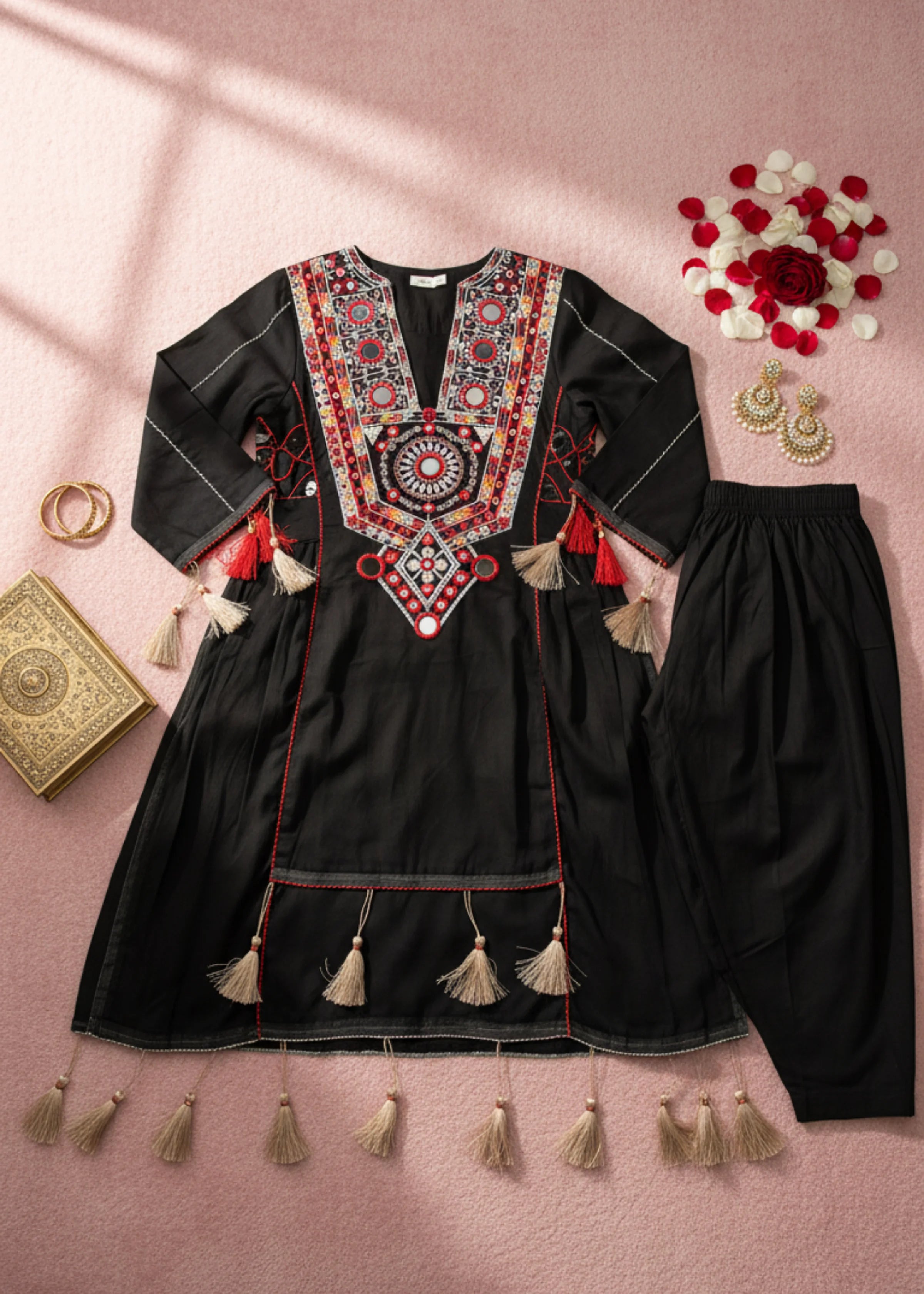Black Khadi Cotton Festival Special Kurta Palazzo Set with Mirror Work
