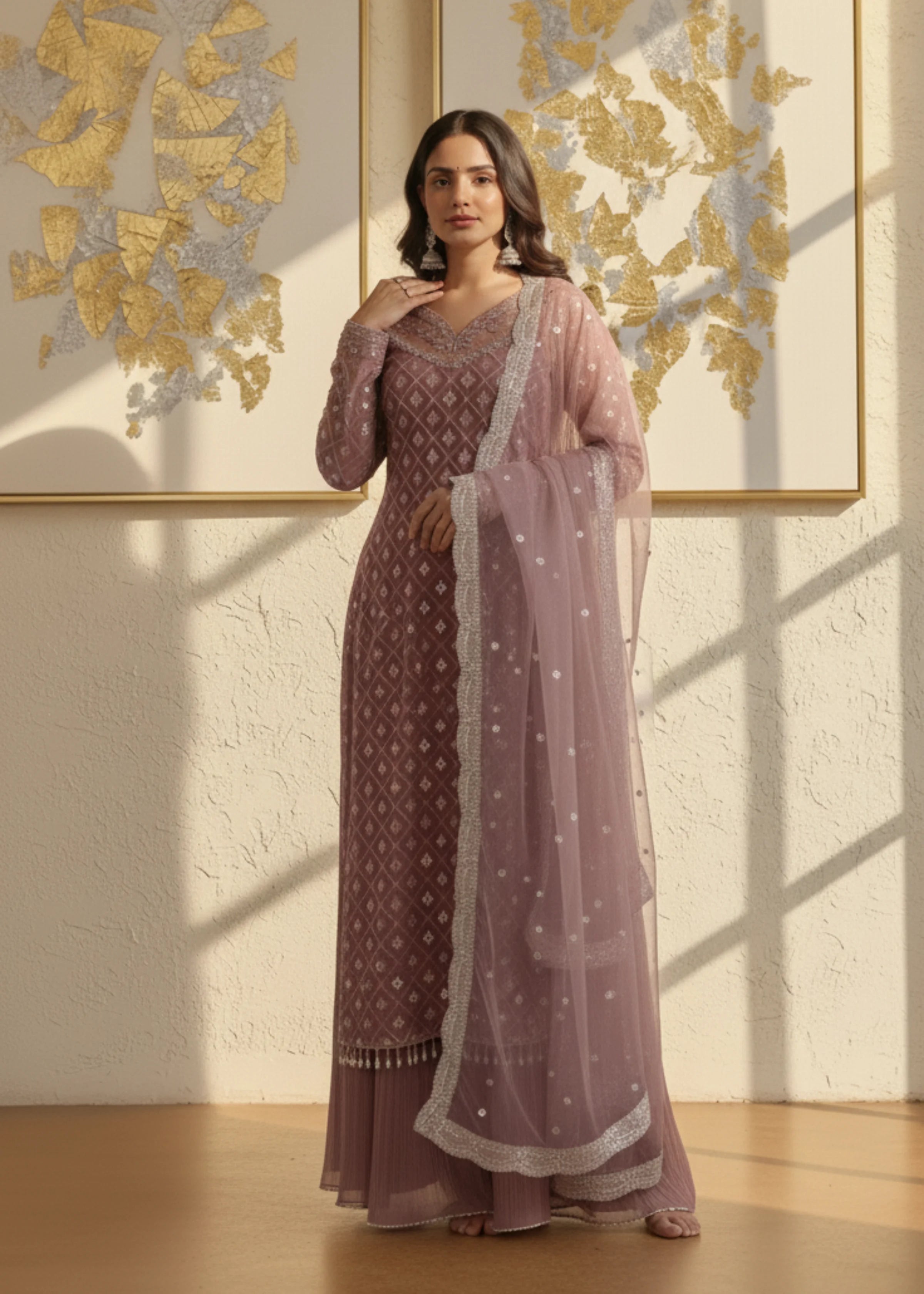Blush Pink Georgette Embroidered Sharara Set with Organza Dupatta