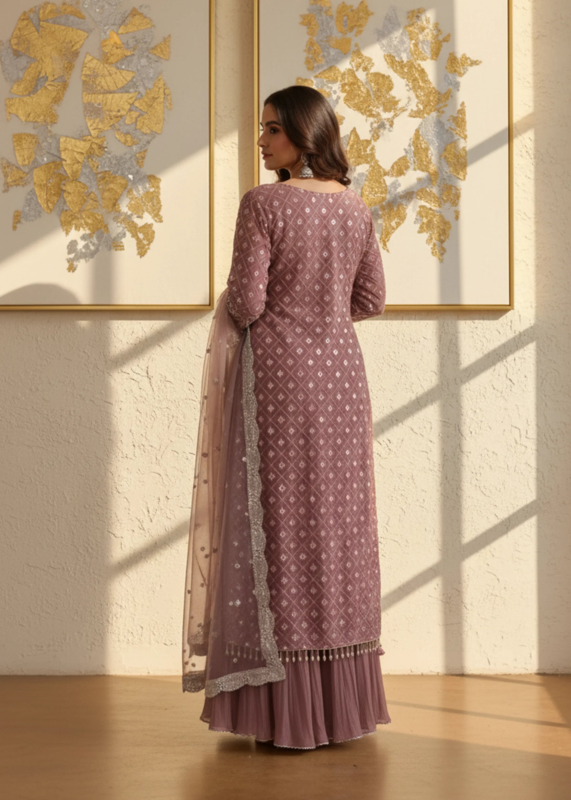 Blush Pink Georgette Embroidered Sharara Set with Organza Dupatta