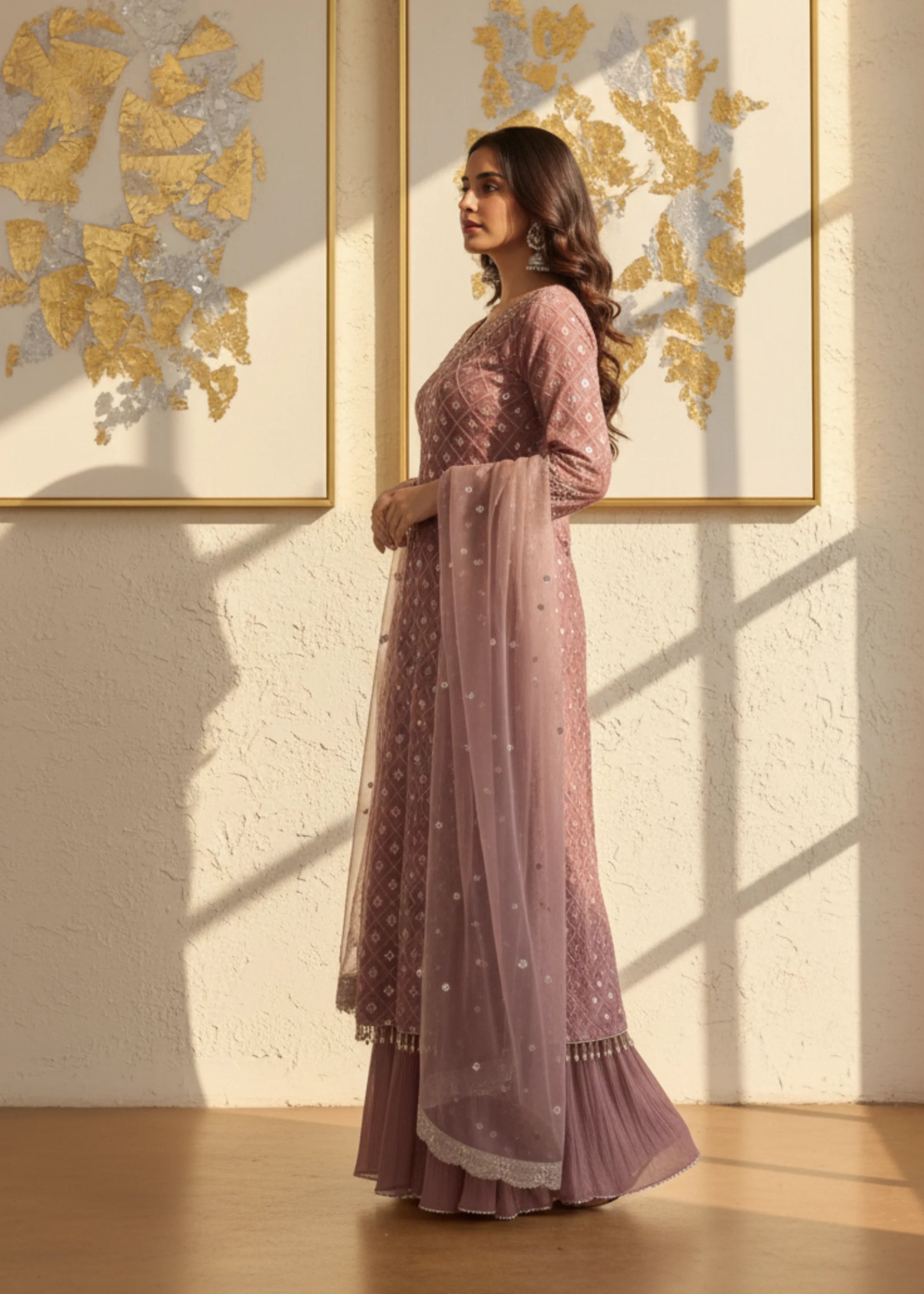 Blush Pink Georgette Embroidered Sharara Set with Organza Dupatta