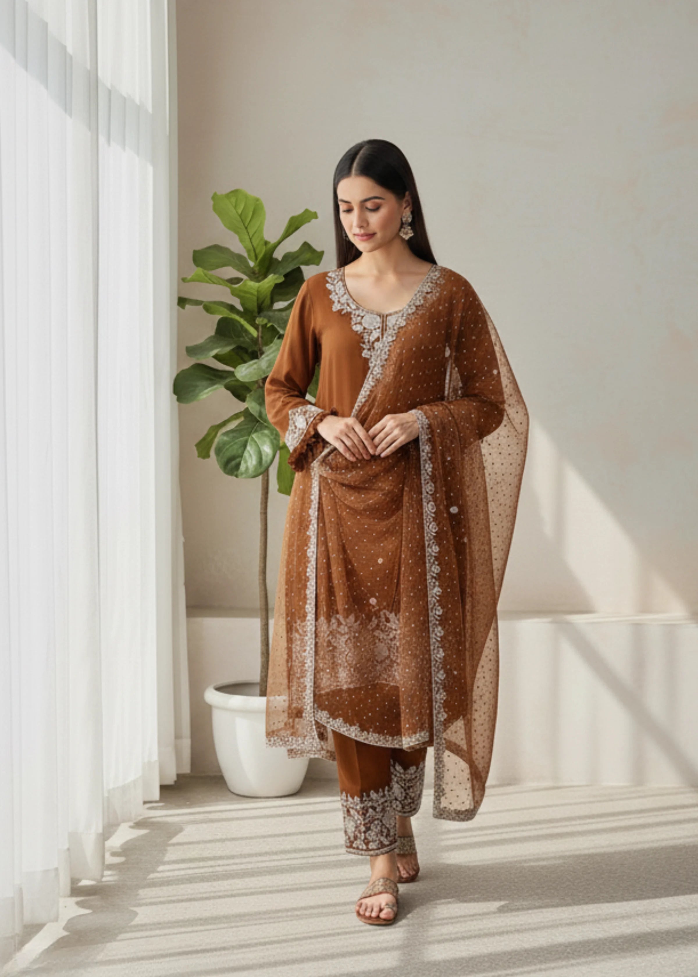 Brown Embroidered Georgette Pakistani Suit with Sharara And Dupatta