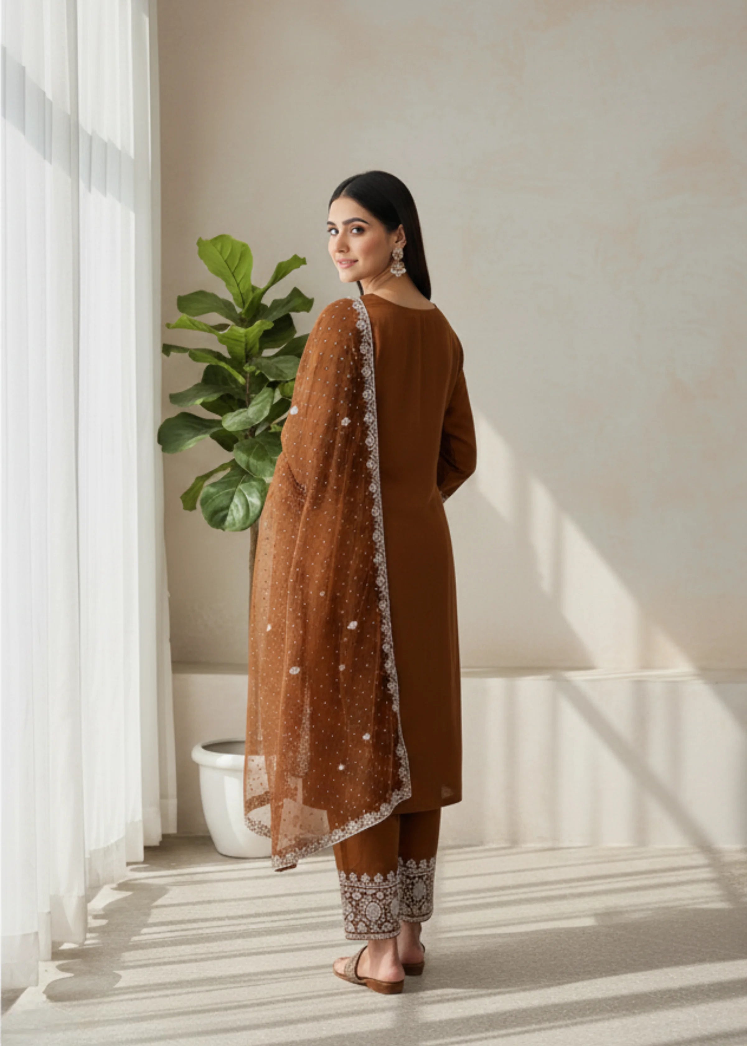 Brown Embroidered Georgette Pakistani Suit with Sharara And Dupatta