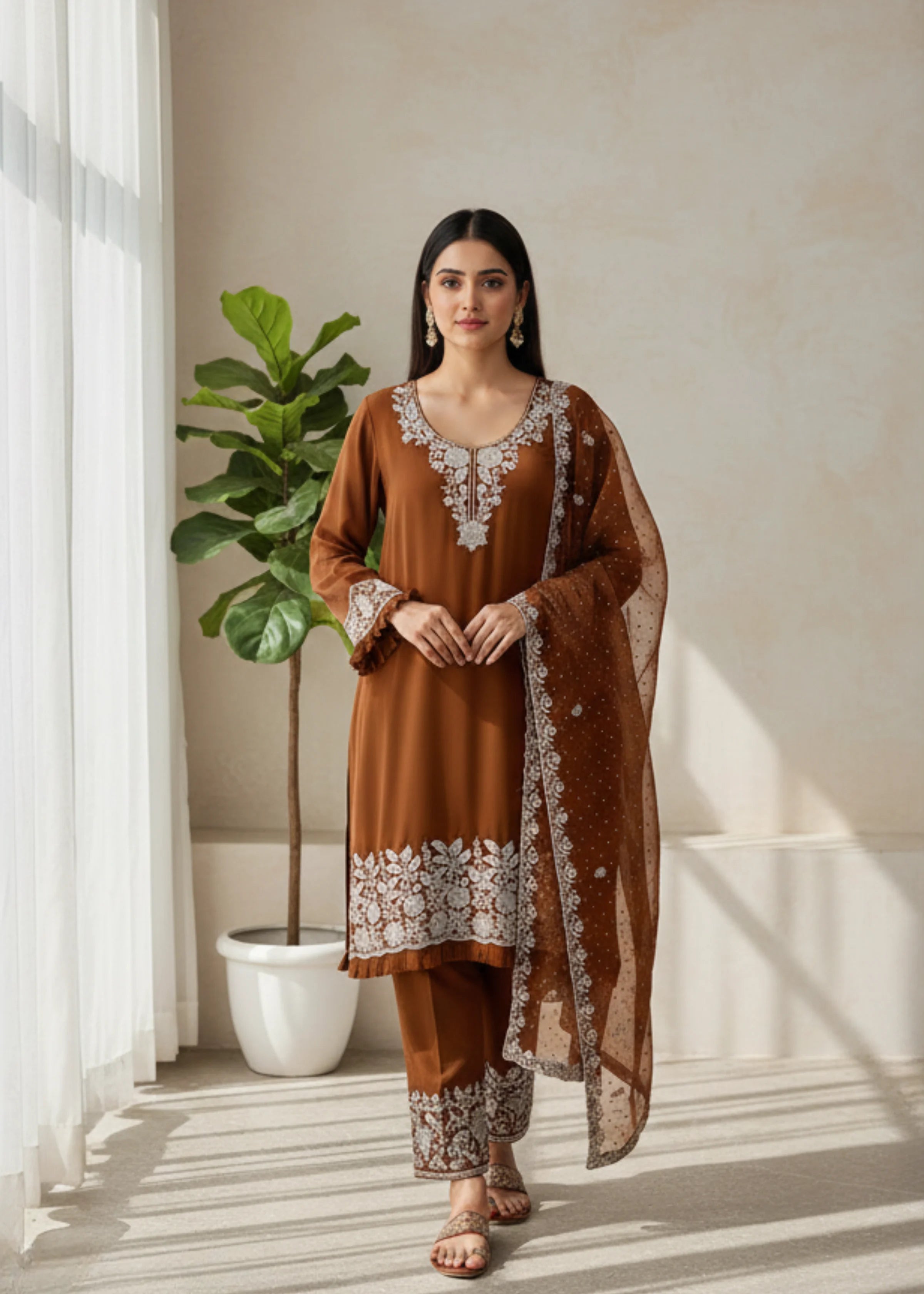 Brown Embroidered Georgette Pakistani Suit with Sharara And Dupatta