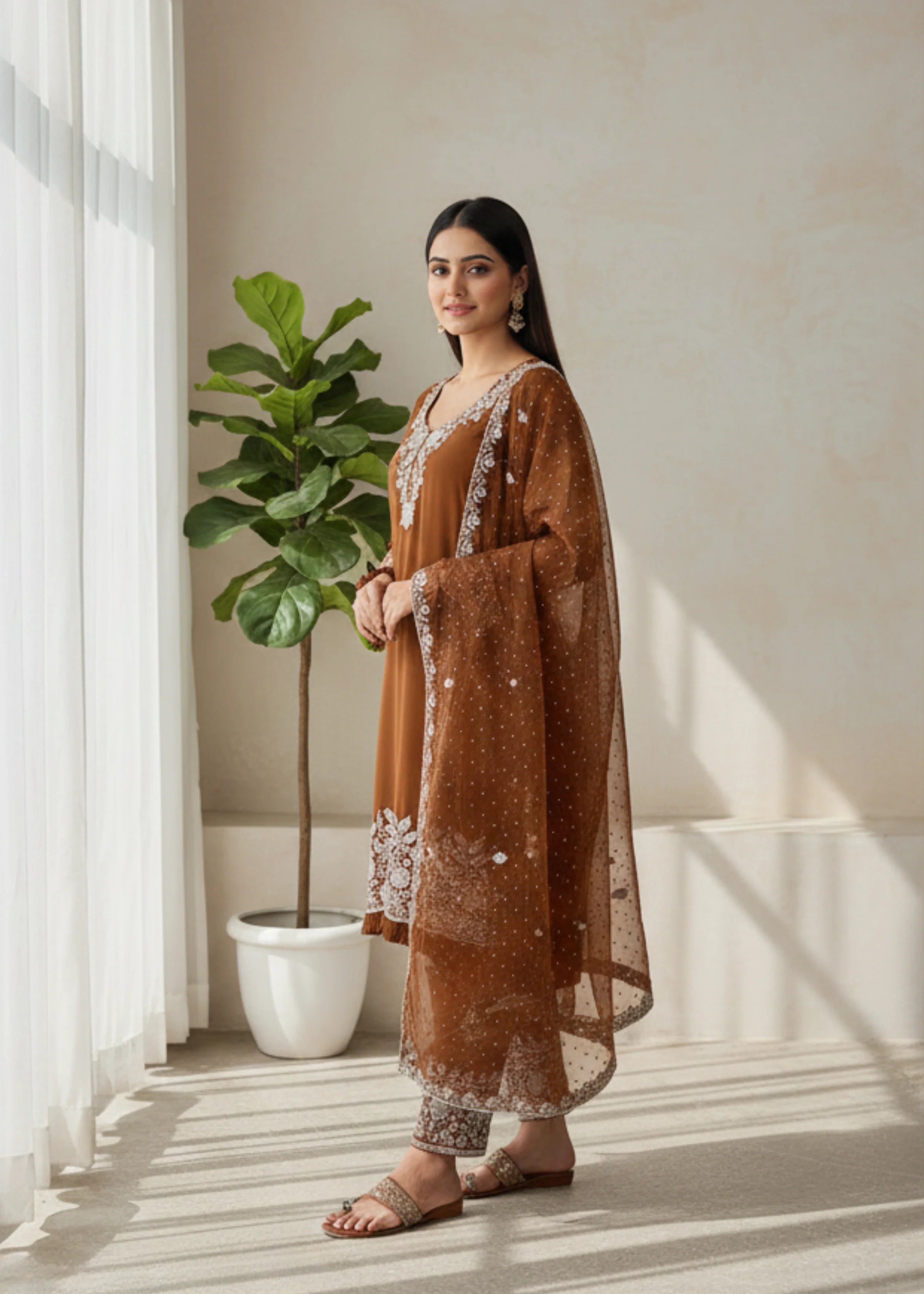 Brown Embroidered Georgette Pakistani Suit with Sharara And Dupatta