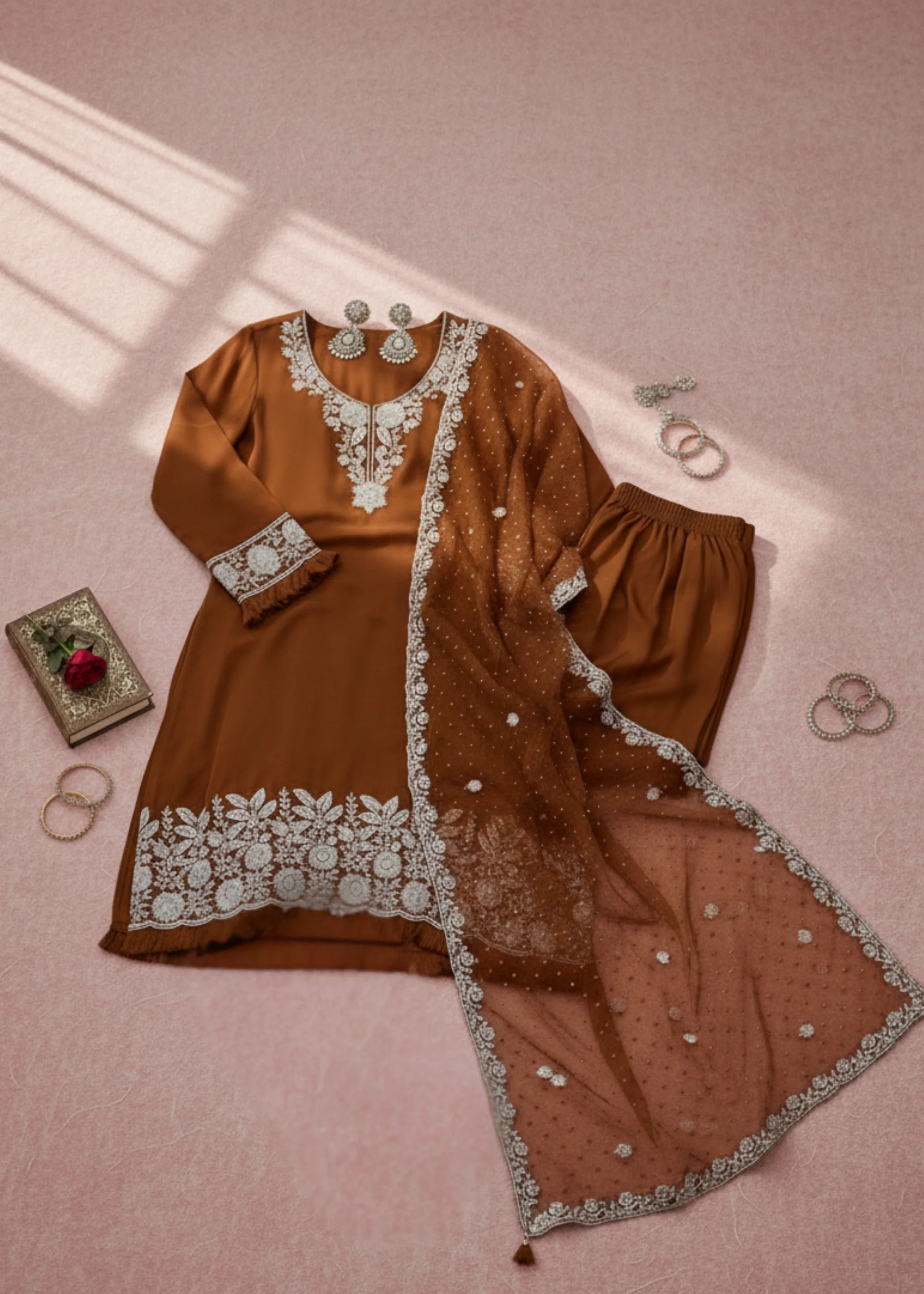 Brown Embroidered Georgette Pakistani Suit with Sharara And Dupatta