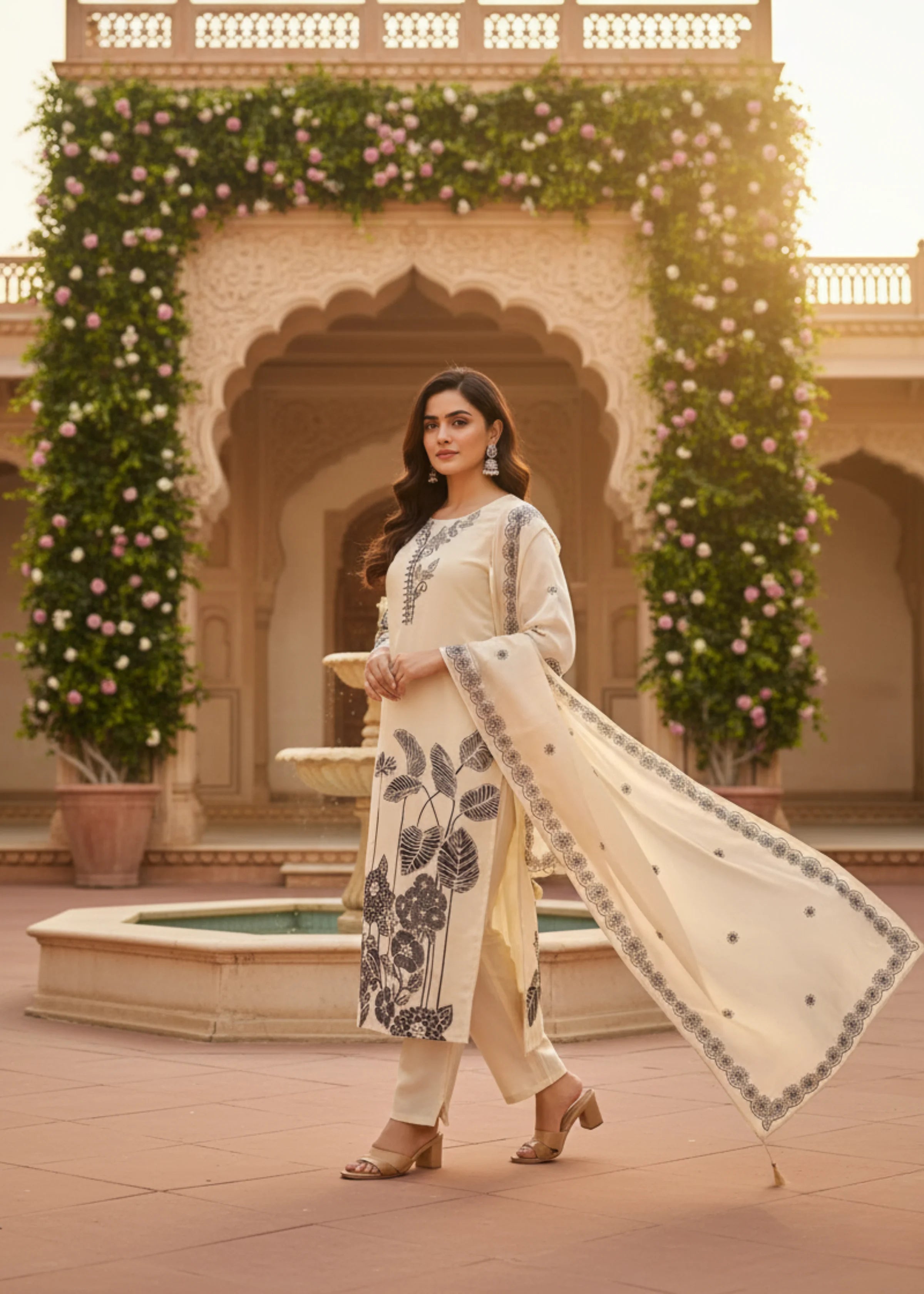 Classic White Ethnic Wear Suit Set with Black Floral Print and Dupatta