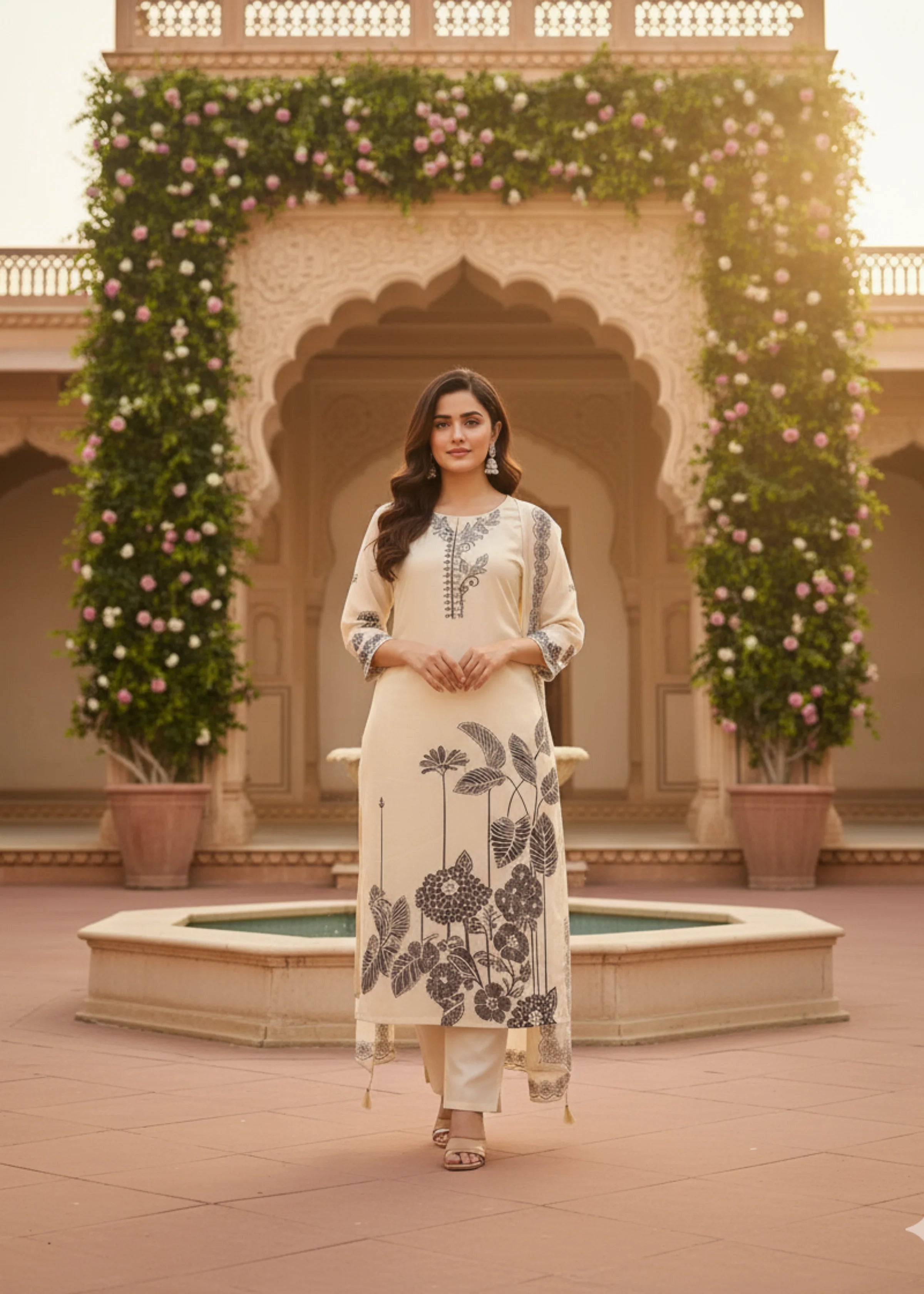 Classic White Ethnic Wear Suit Set with Black Floral Print and Dupatta