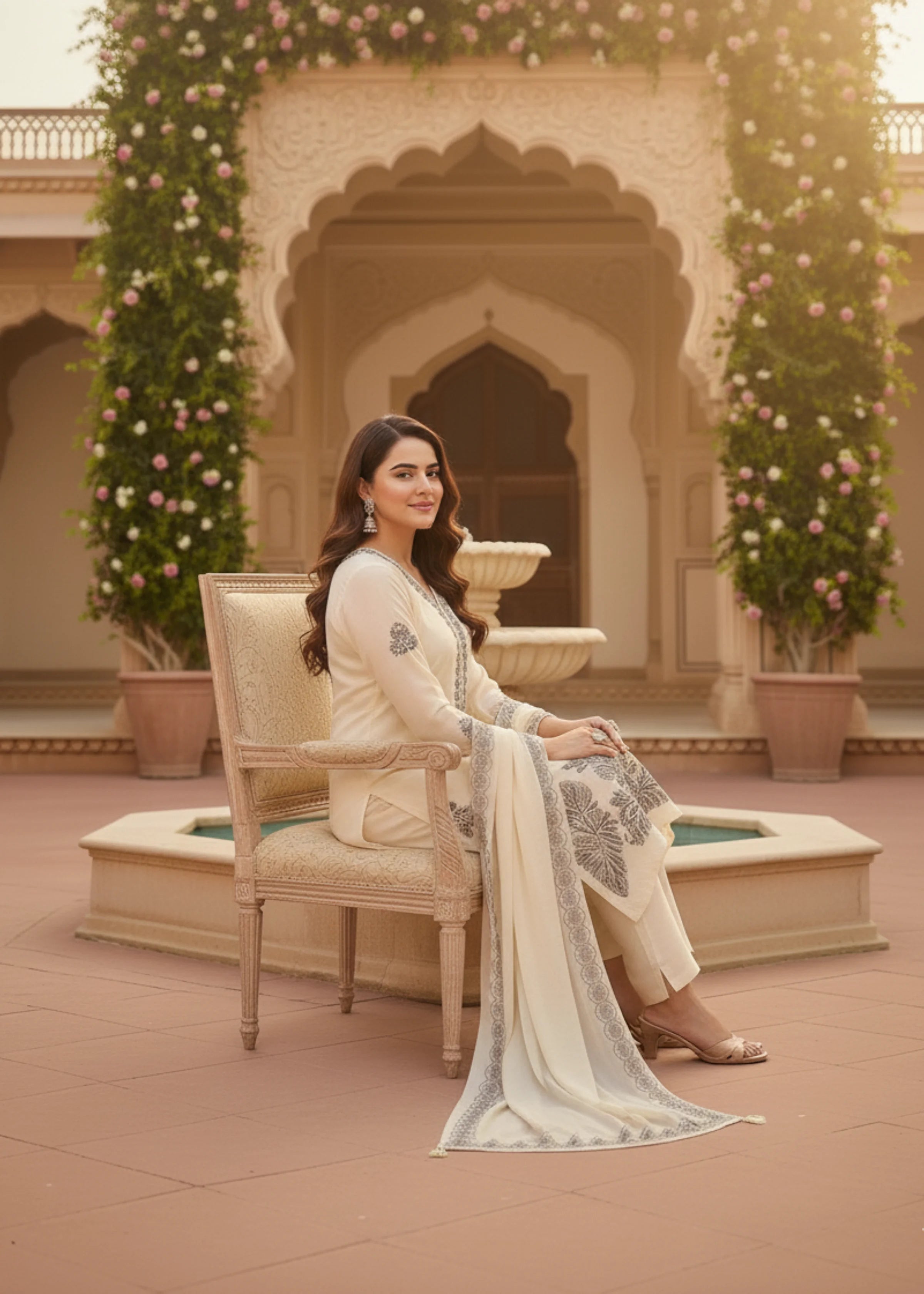 Classic White Ethnic Wear Suit Set with Black Floral Print and Dupatta