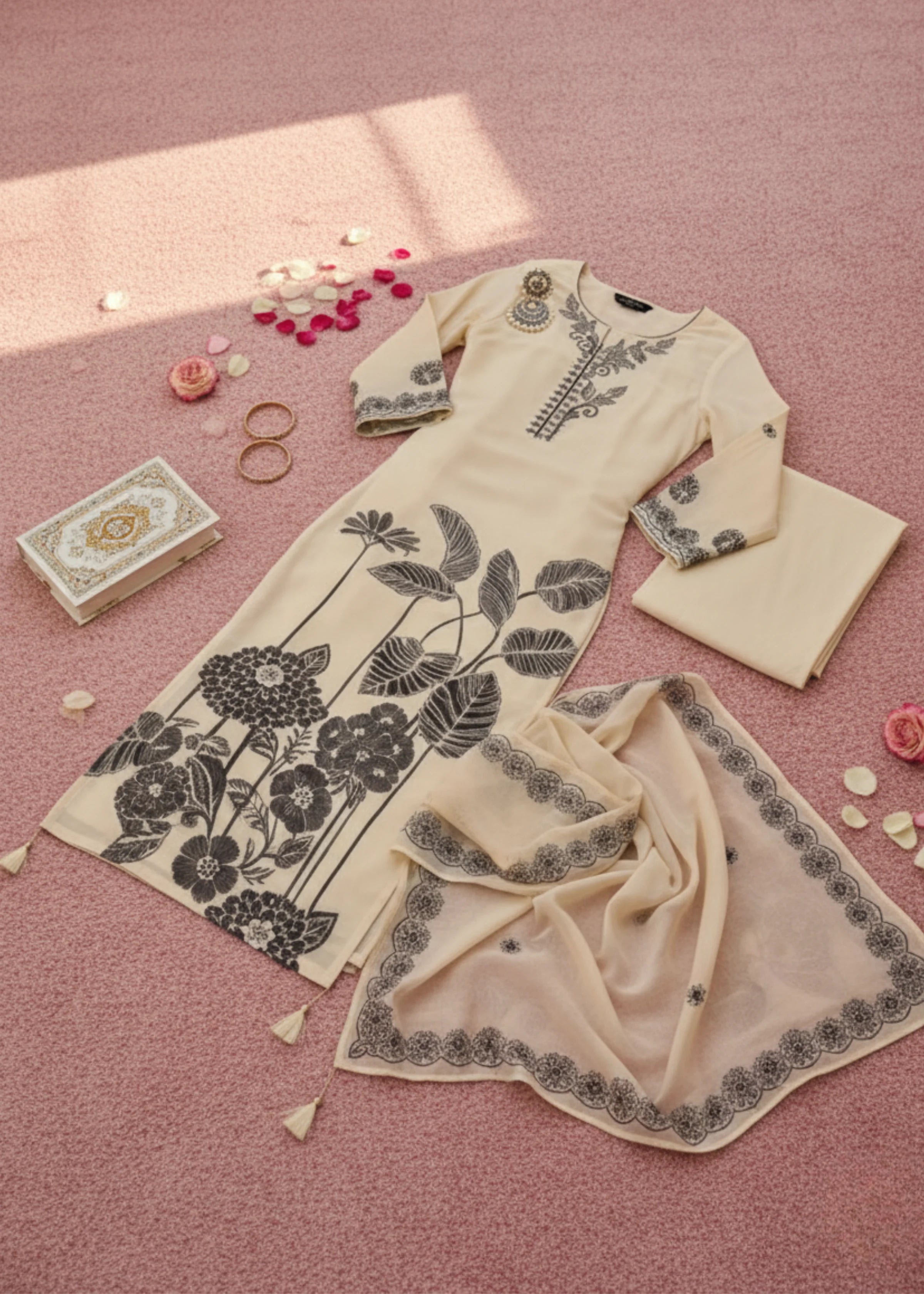 Classic White Ethnic Wear Suit Set with Black Floral Print and Dupatta