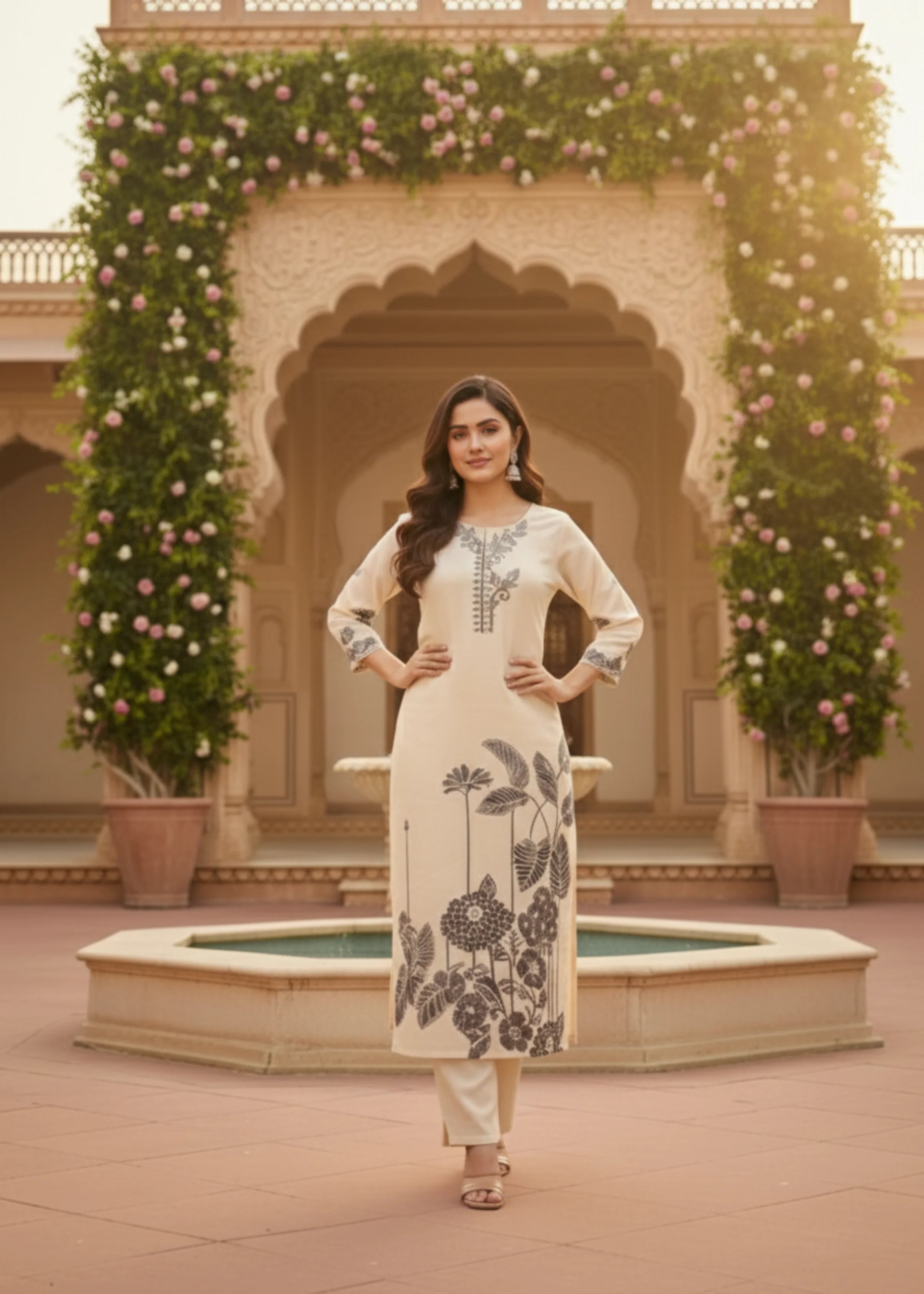 Classic White Ethnic Wear Suit Set with Black Floral Print and Dupatta