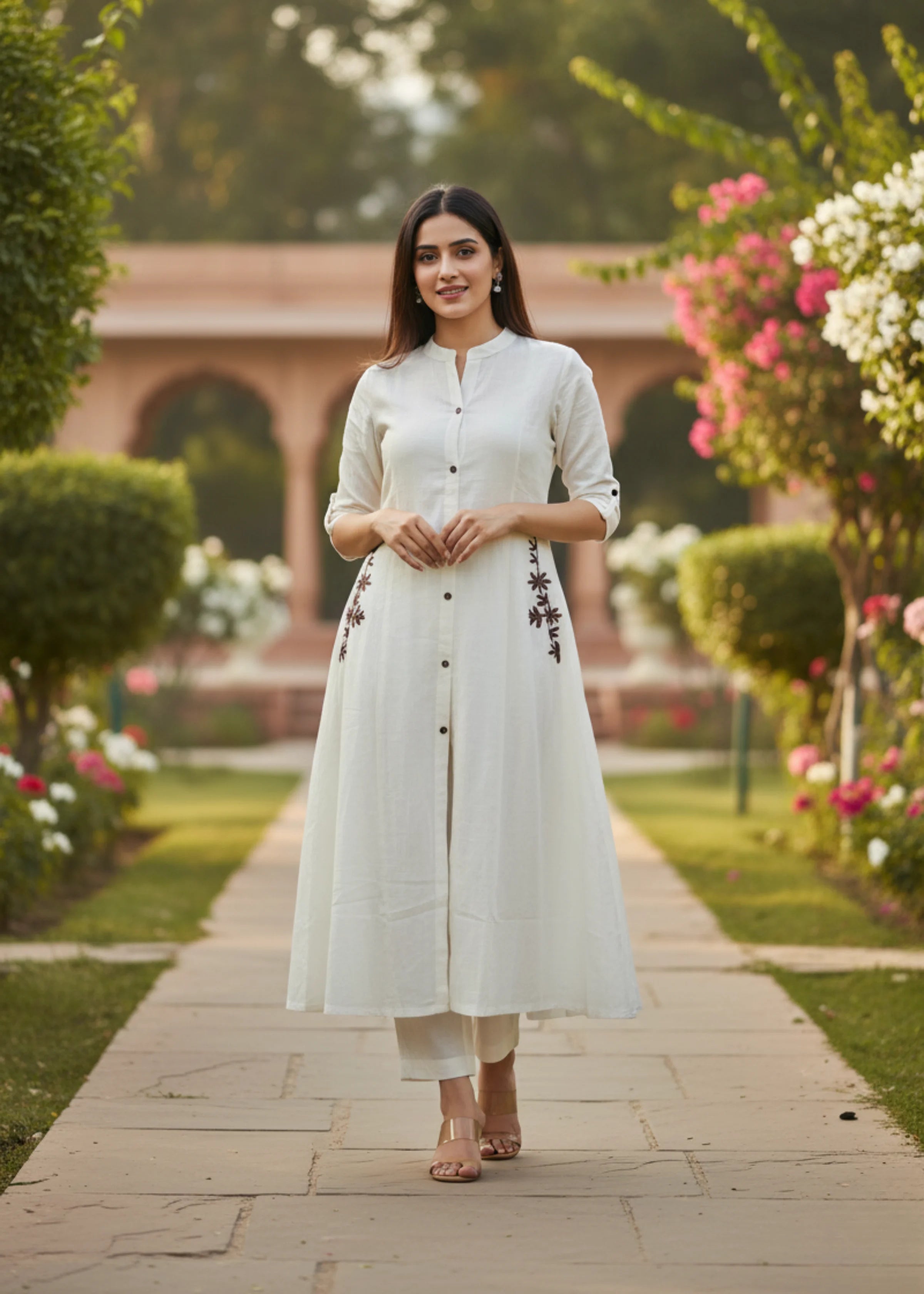 Elegant Beige Cotton Kurta Set with Subtle Pocket Embroidery & Palazzo Pants
