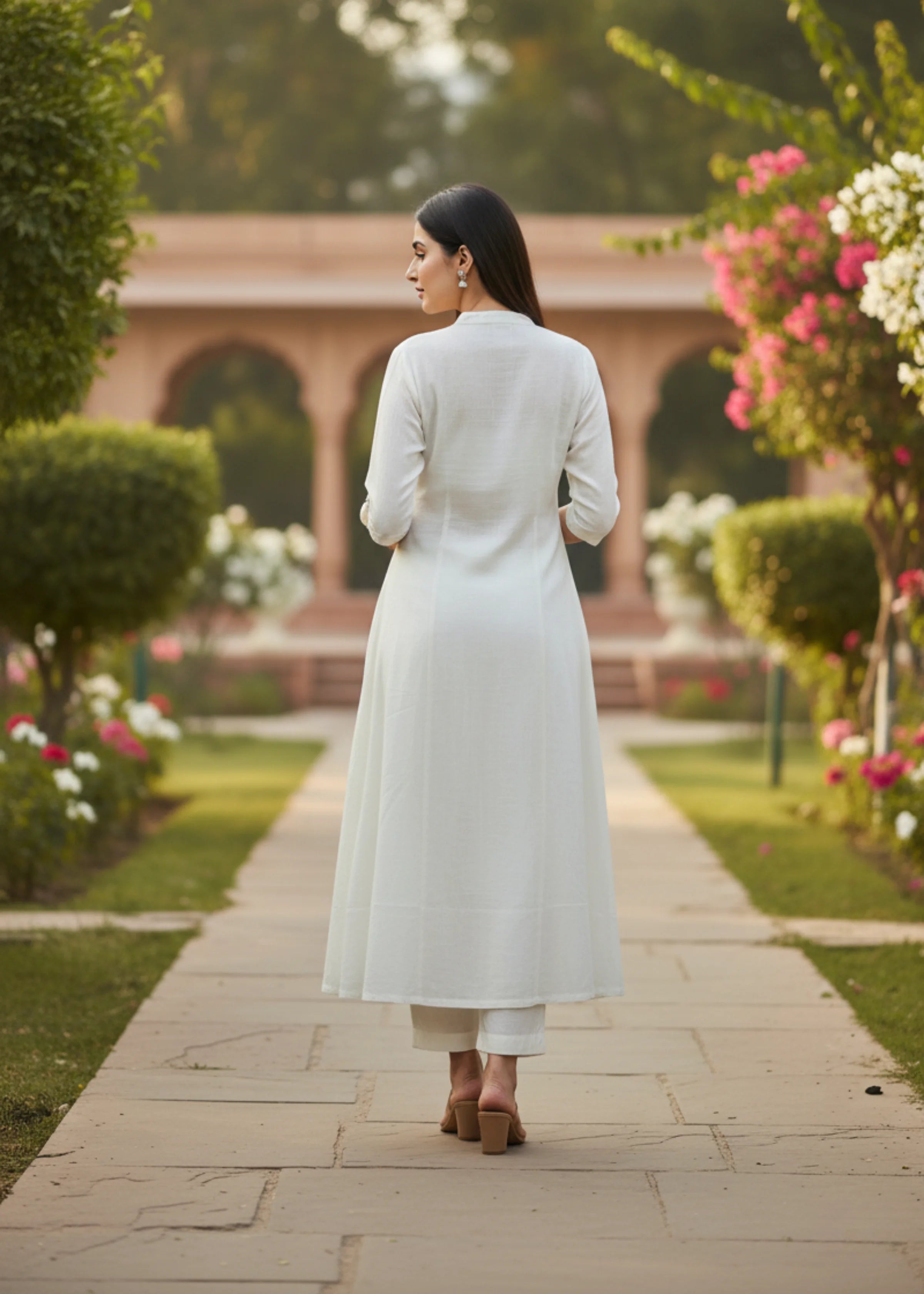 Elegant Beige Cotton Kurta Set with Subtle Pocket Embroidery & Palazzo Pants