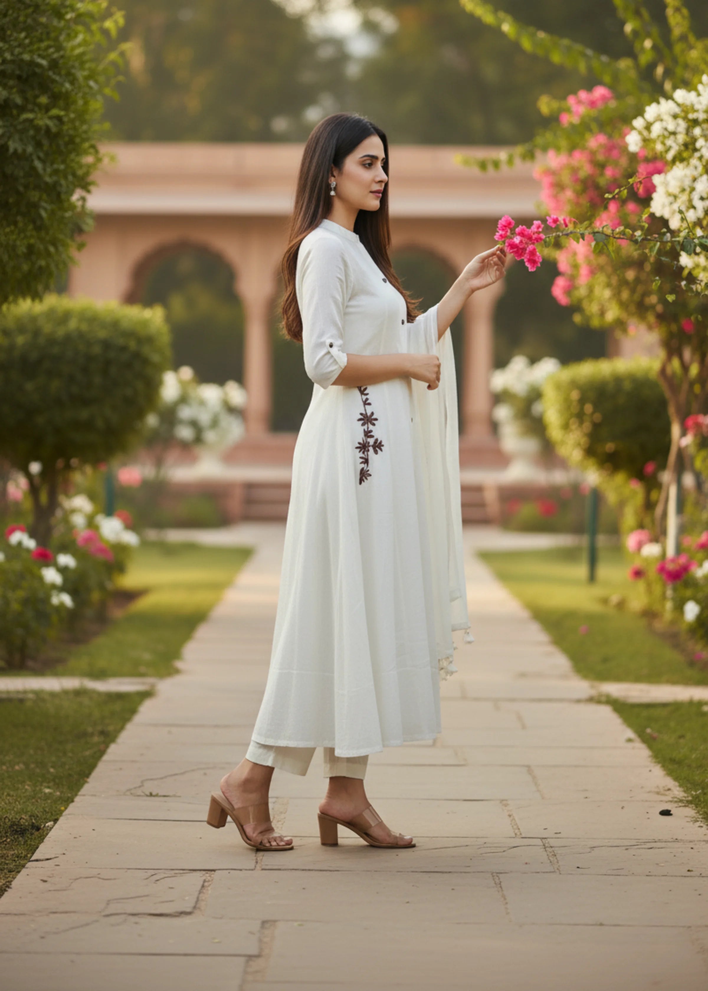 Elegant Beige Cotton Kurta Set with Subtle Pocket Embroidery & Palazzo Pants