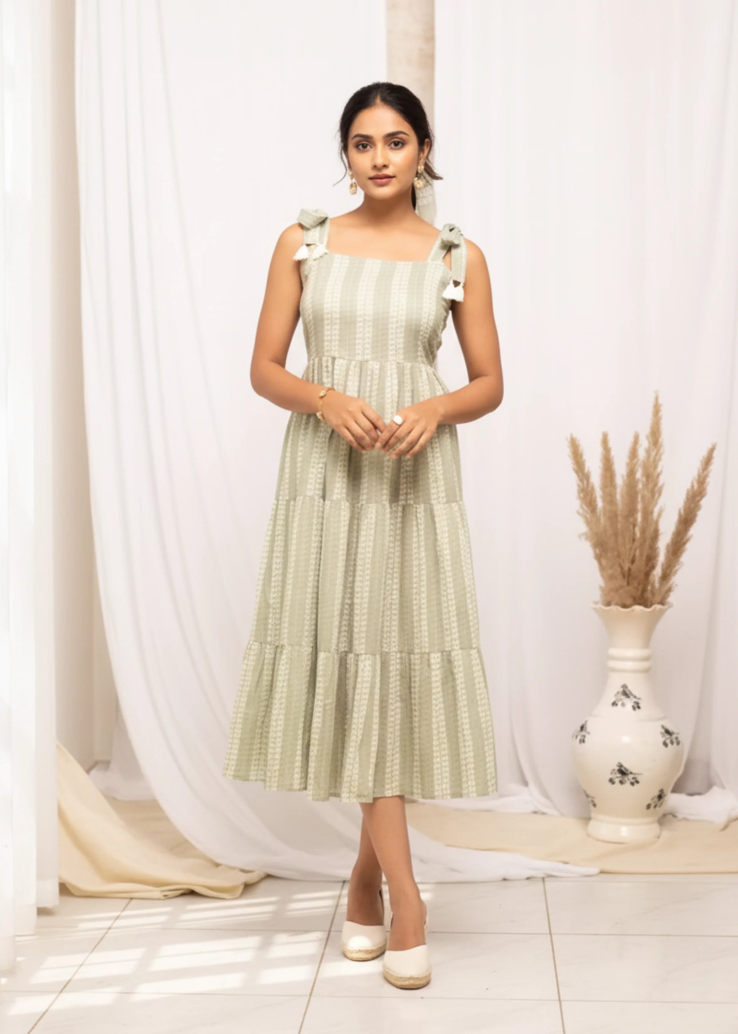 Elegant Green Cotton Block Printed Western Dress