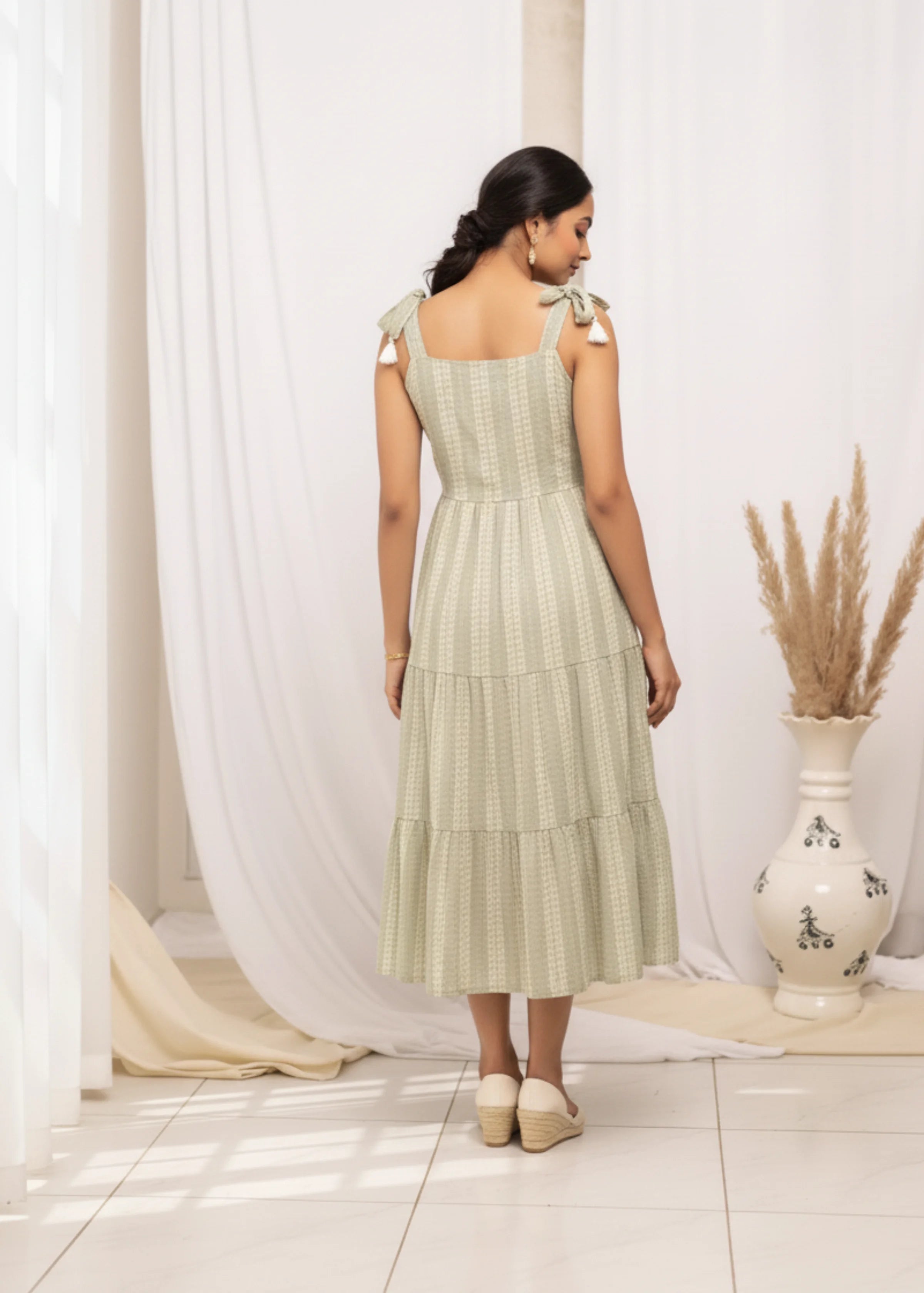 Elegant Green Cotton Block Printed Western Dress