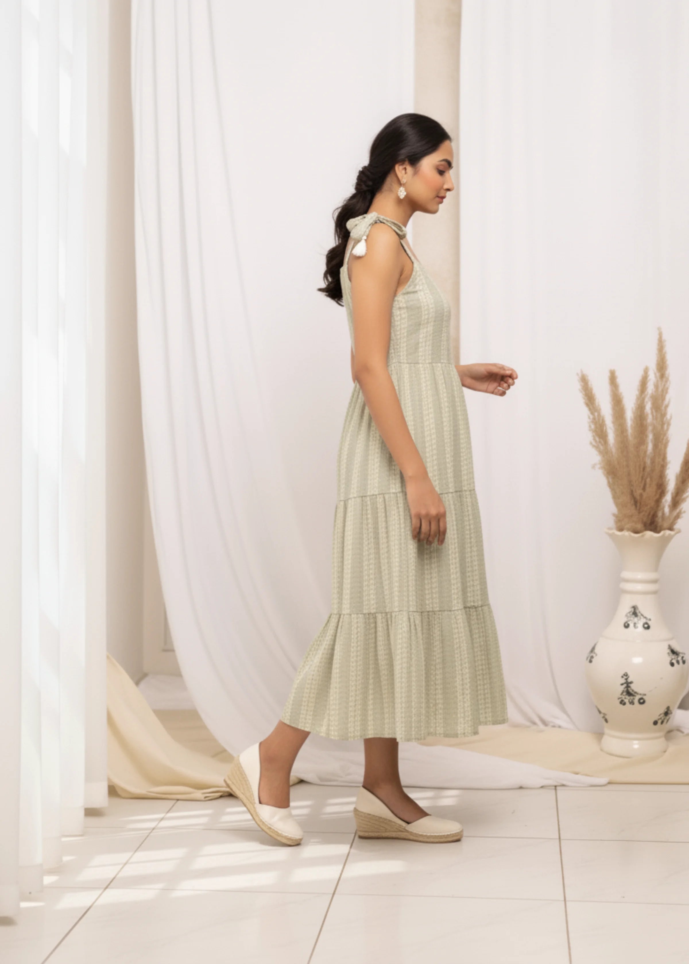 Elegant Green Cotton Block Printed Western Dress