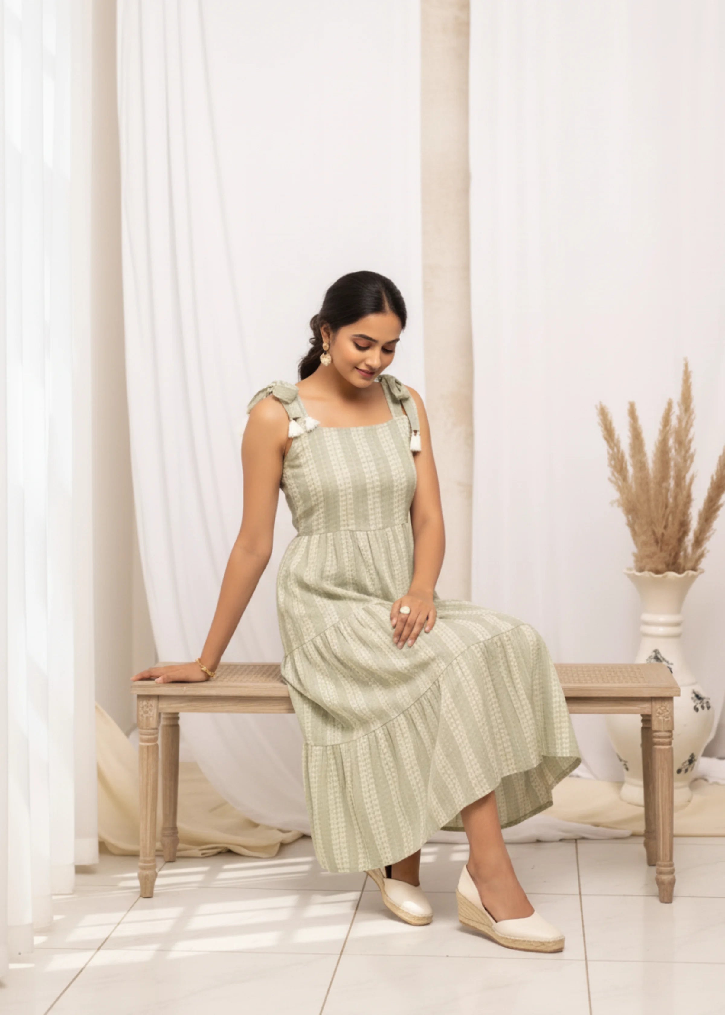 Elegant Green Cotton Block Printed Western Dress