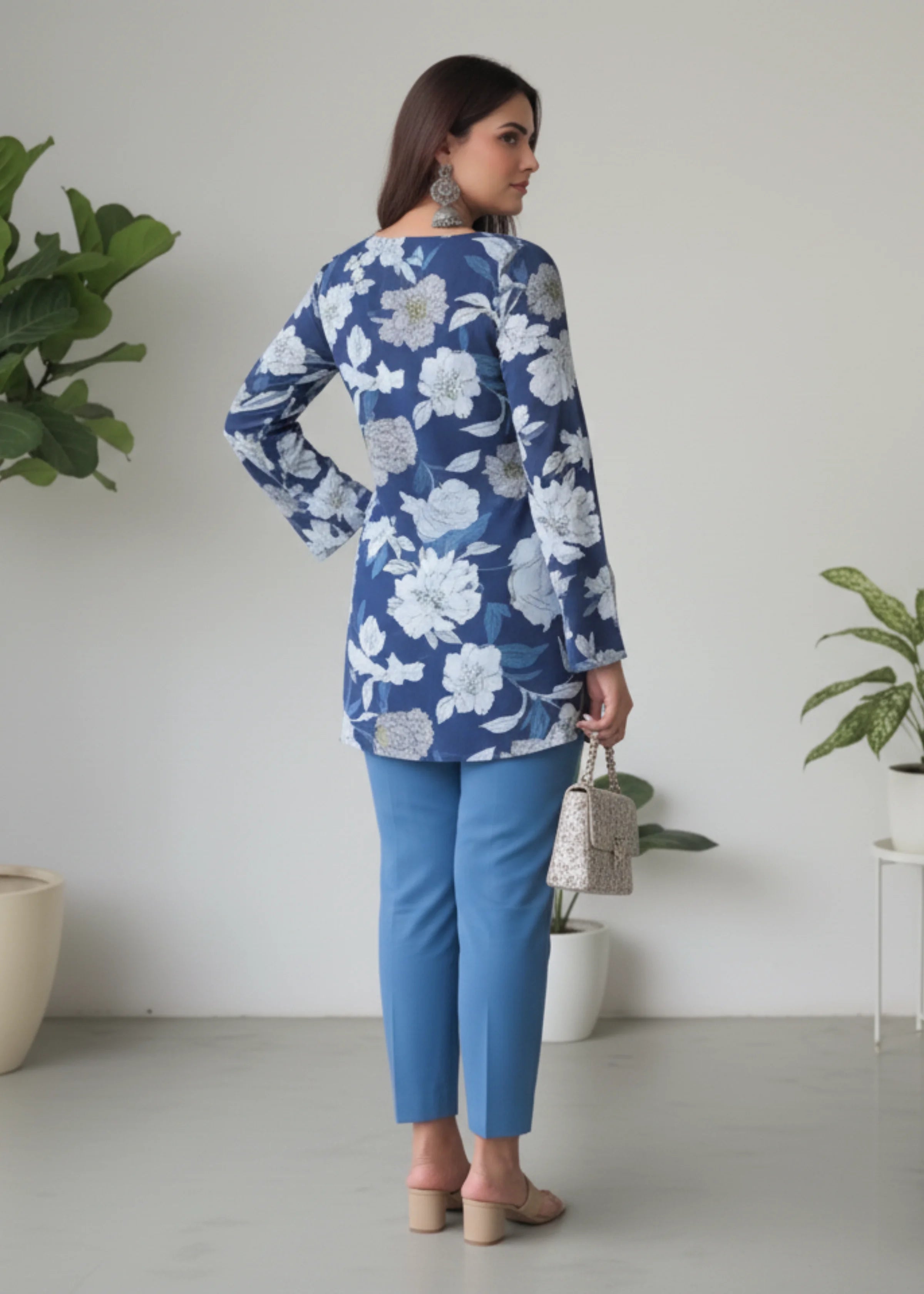 Elegant Navy Blue Rayon Floral Short Kurti with Stylish Bell Sleeves