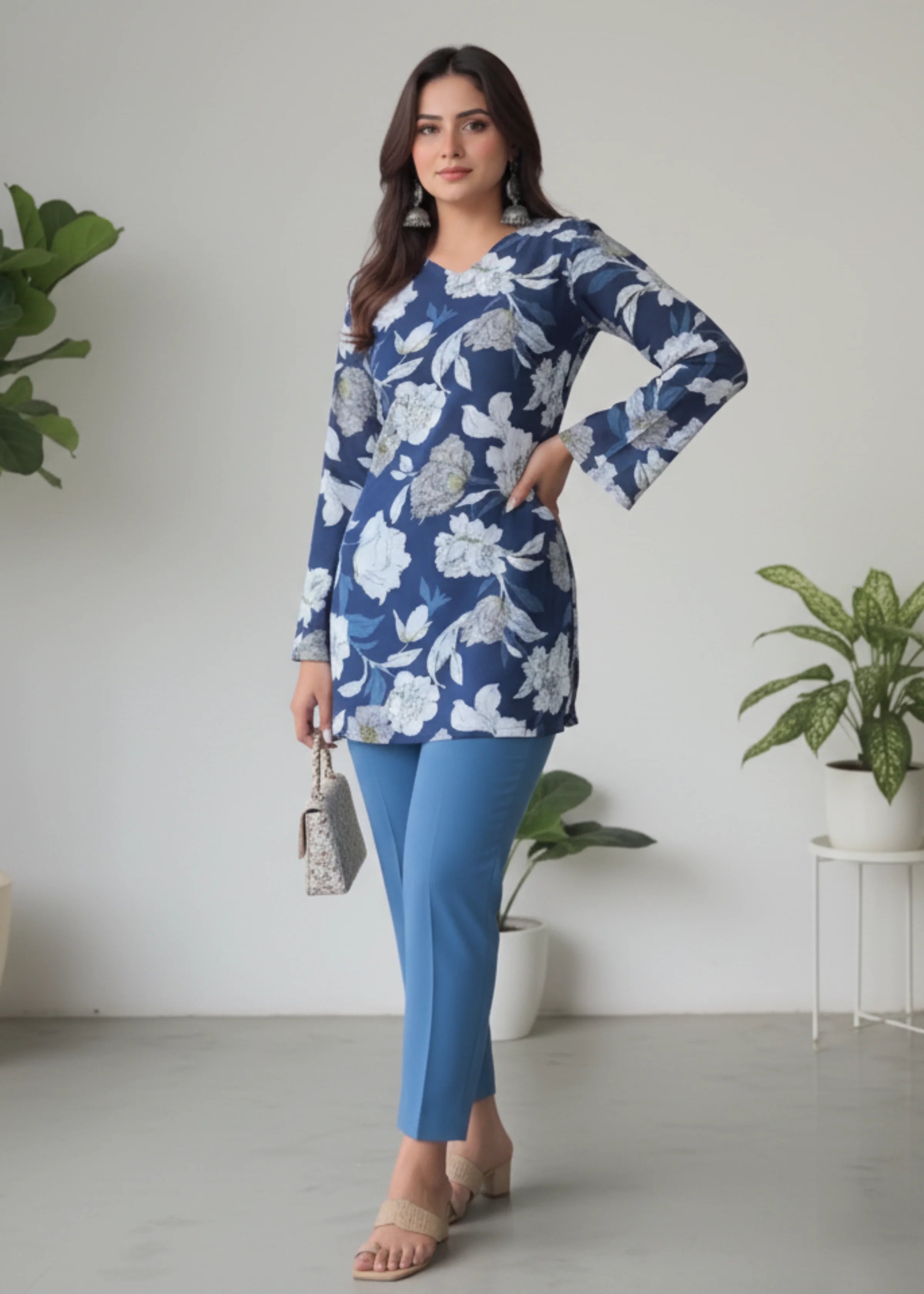Elegant Navy Blue Rayon Floral Short Kurti with Stylish Bell Sleeves