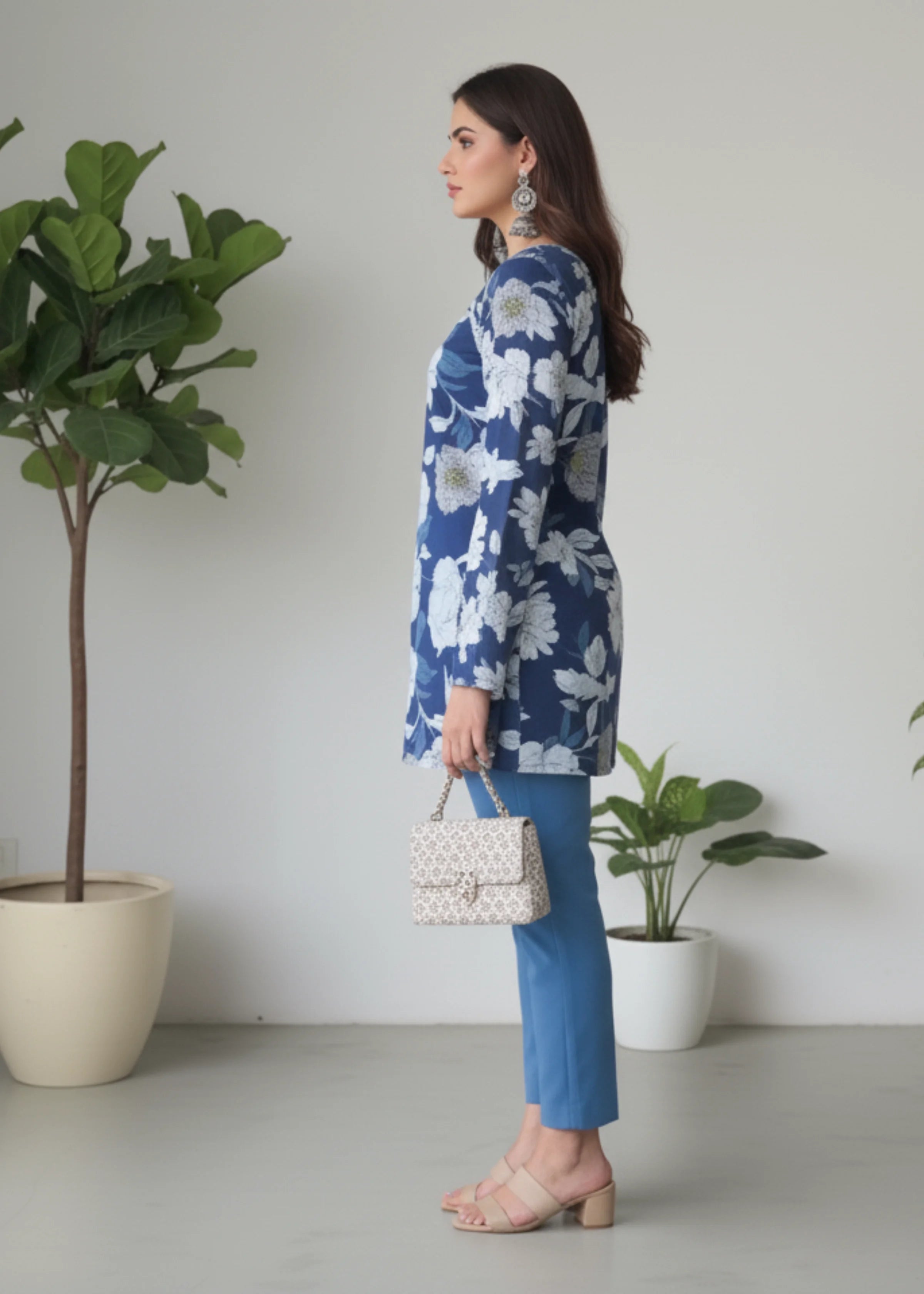 Elegant Navy Blue Rayon Floral Short Kurti with Stylish Bell Sleeves
