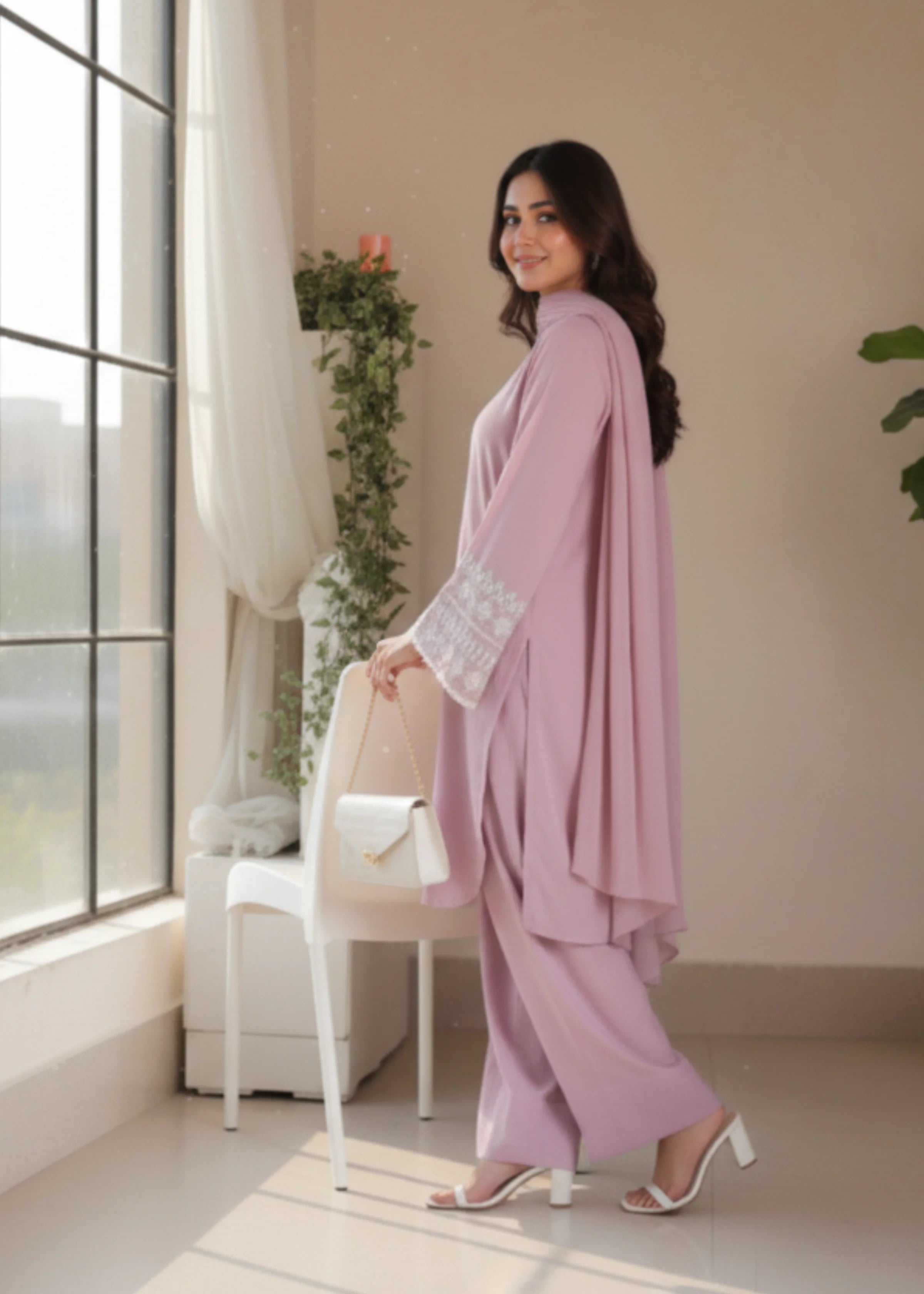 Elegant Partywear Pink Satin Suit with Flared Sleeves