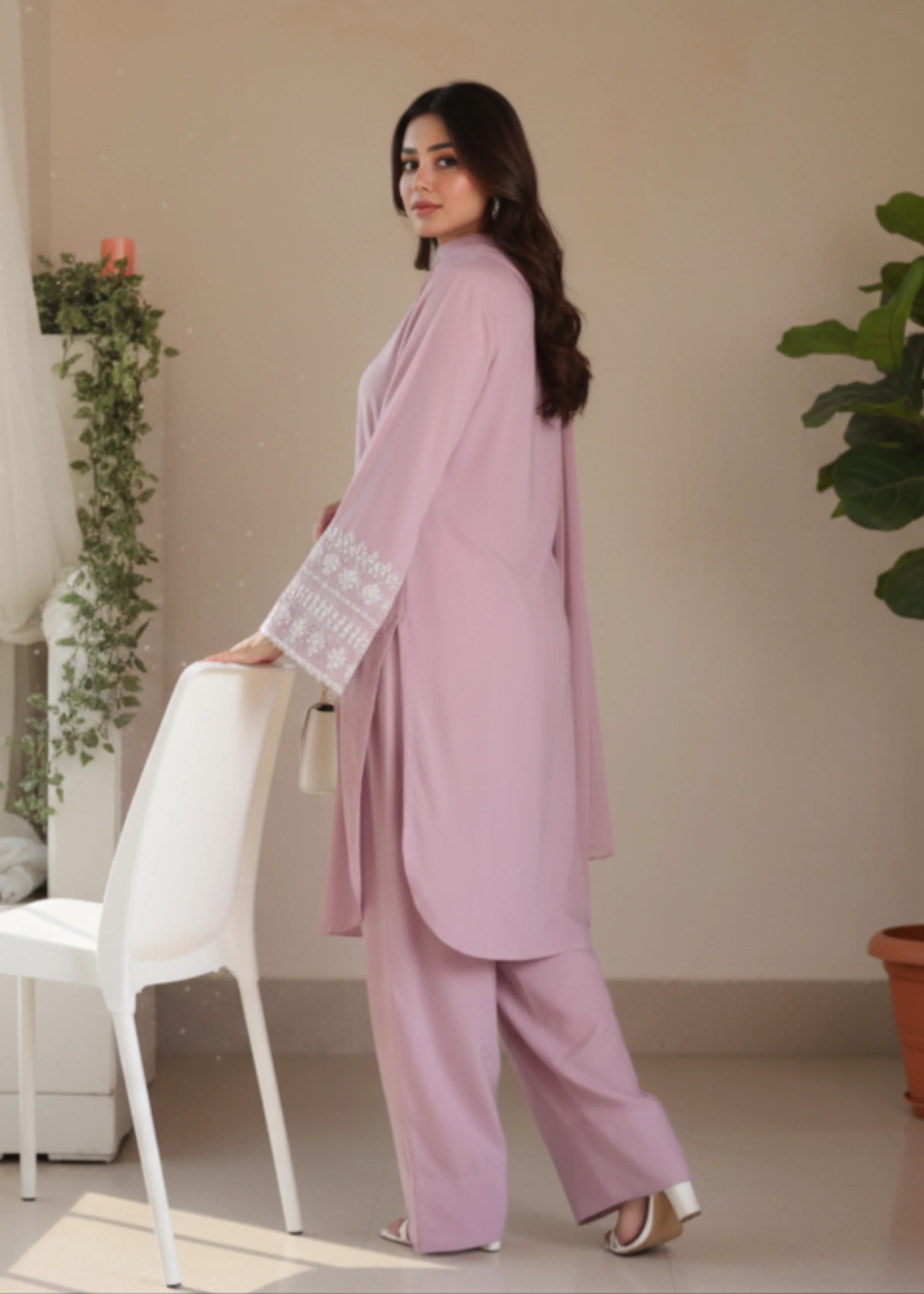 Elegant Partywear Pink Satin Suit with Flared Sleeves