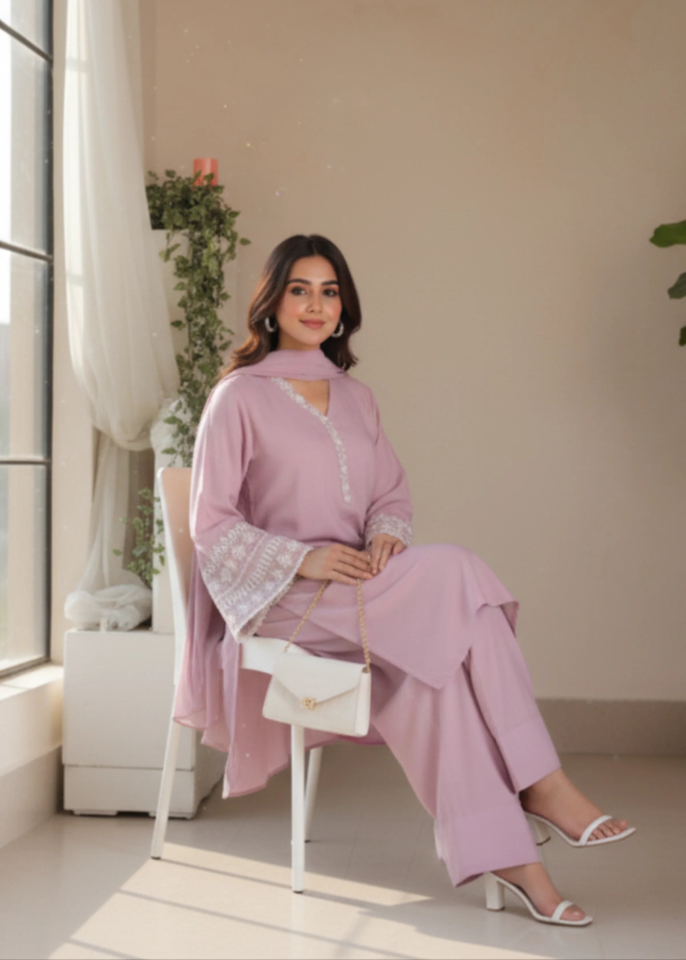 Elegant Partywear Pink Satin Suit with Flared Sleeves