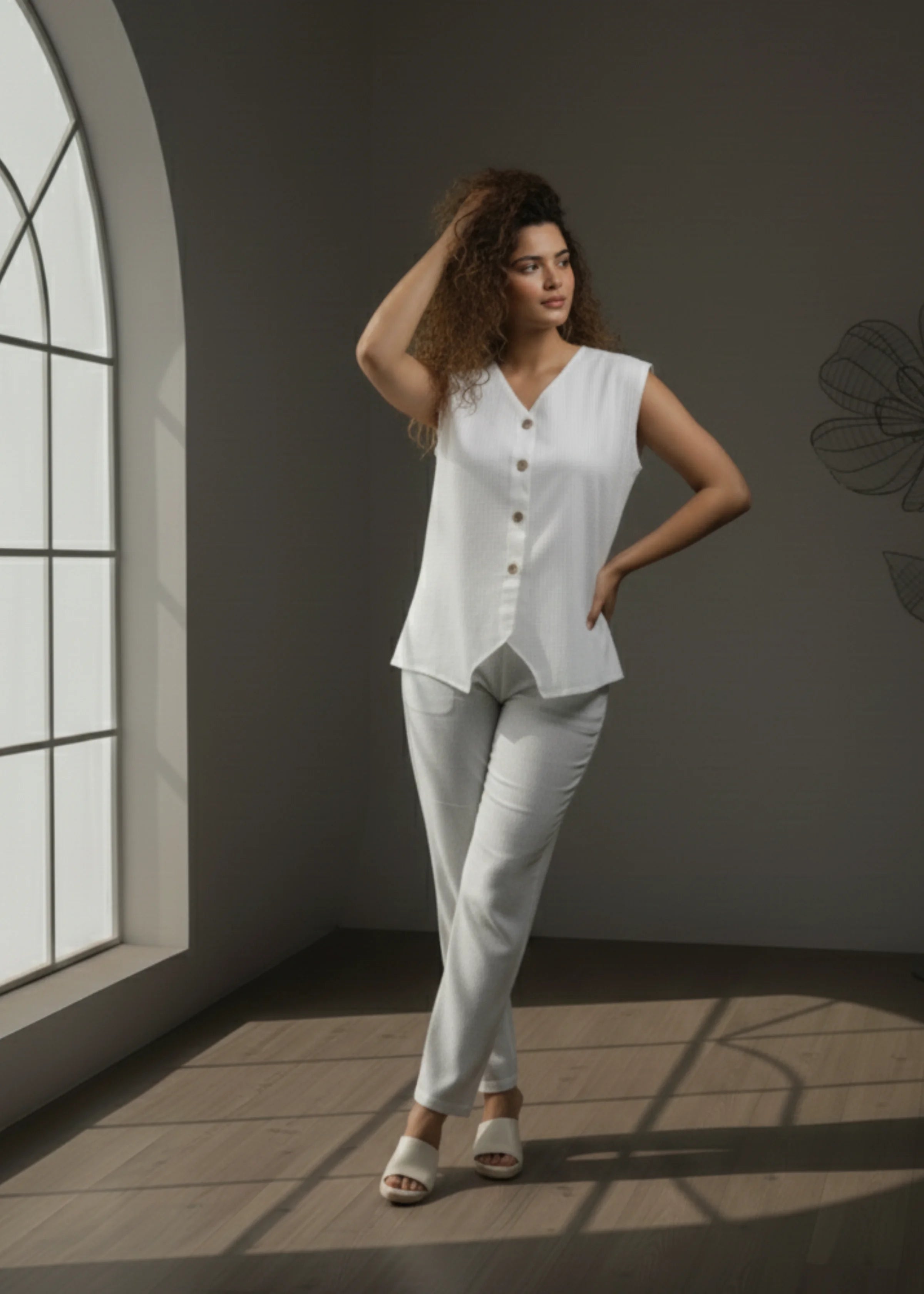 Elegant White Cotton Sleeveless Co-ord Set Stylish