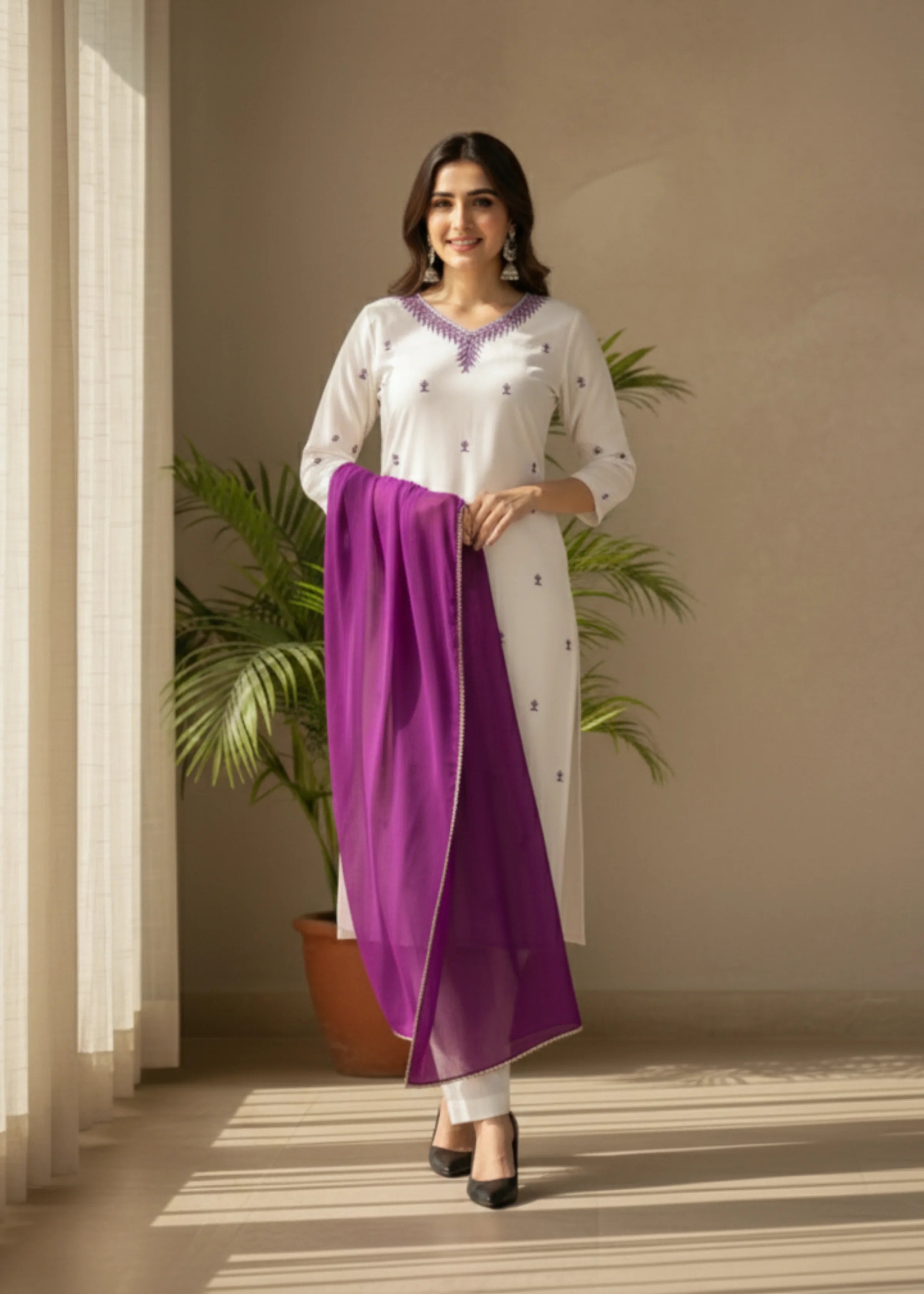 Elegant White Rayon Kurta Set with Purple Dupatta Festive And Daily Wear