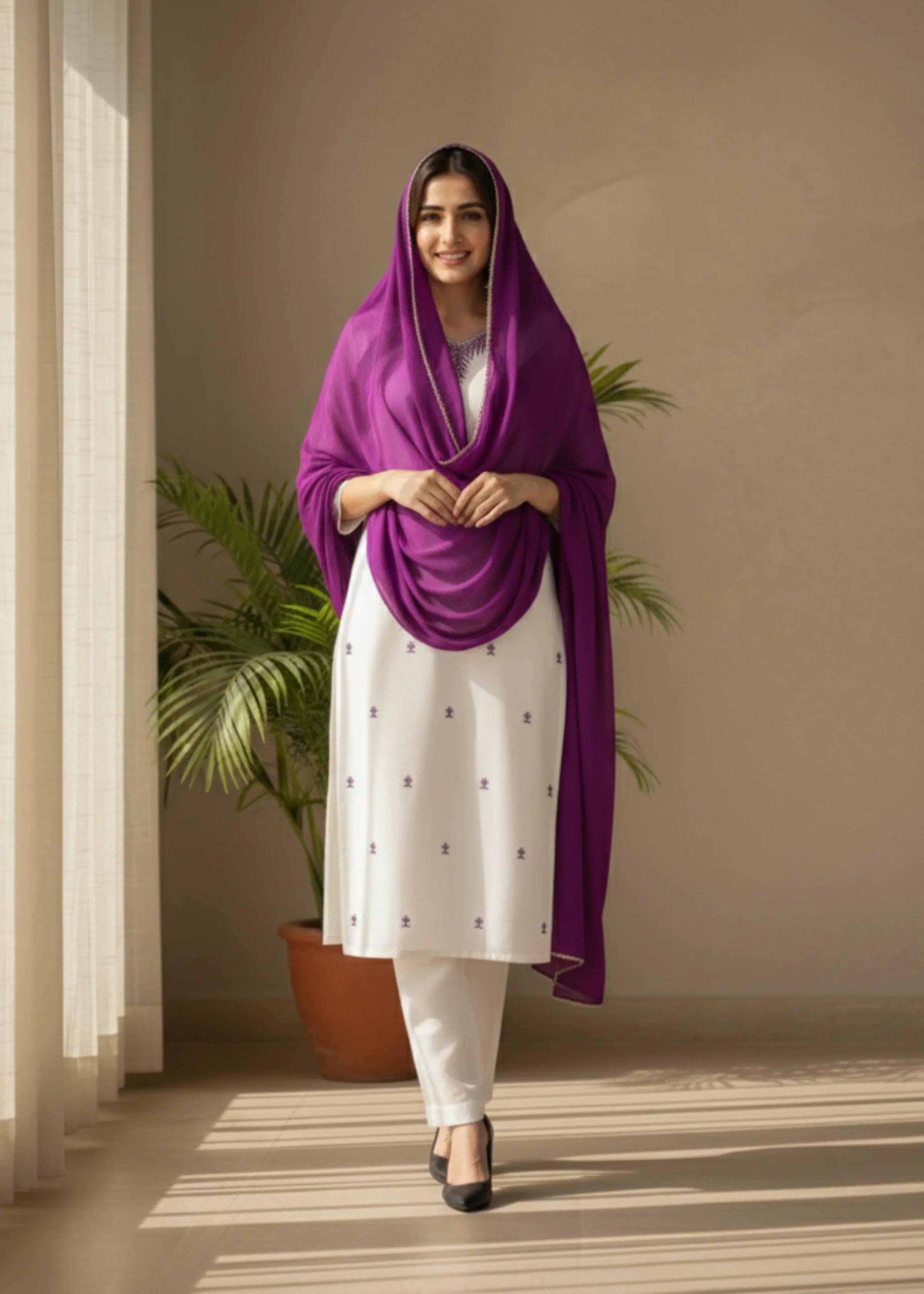 Elegant White Rayon Kurta Set with Purple Dupatta Festive And Daily Wear