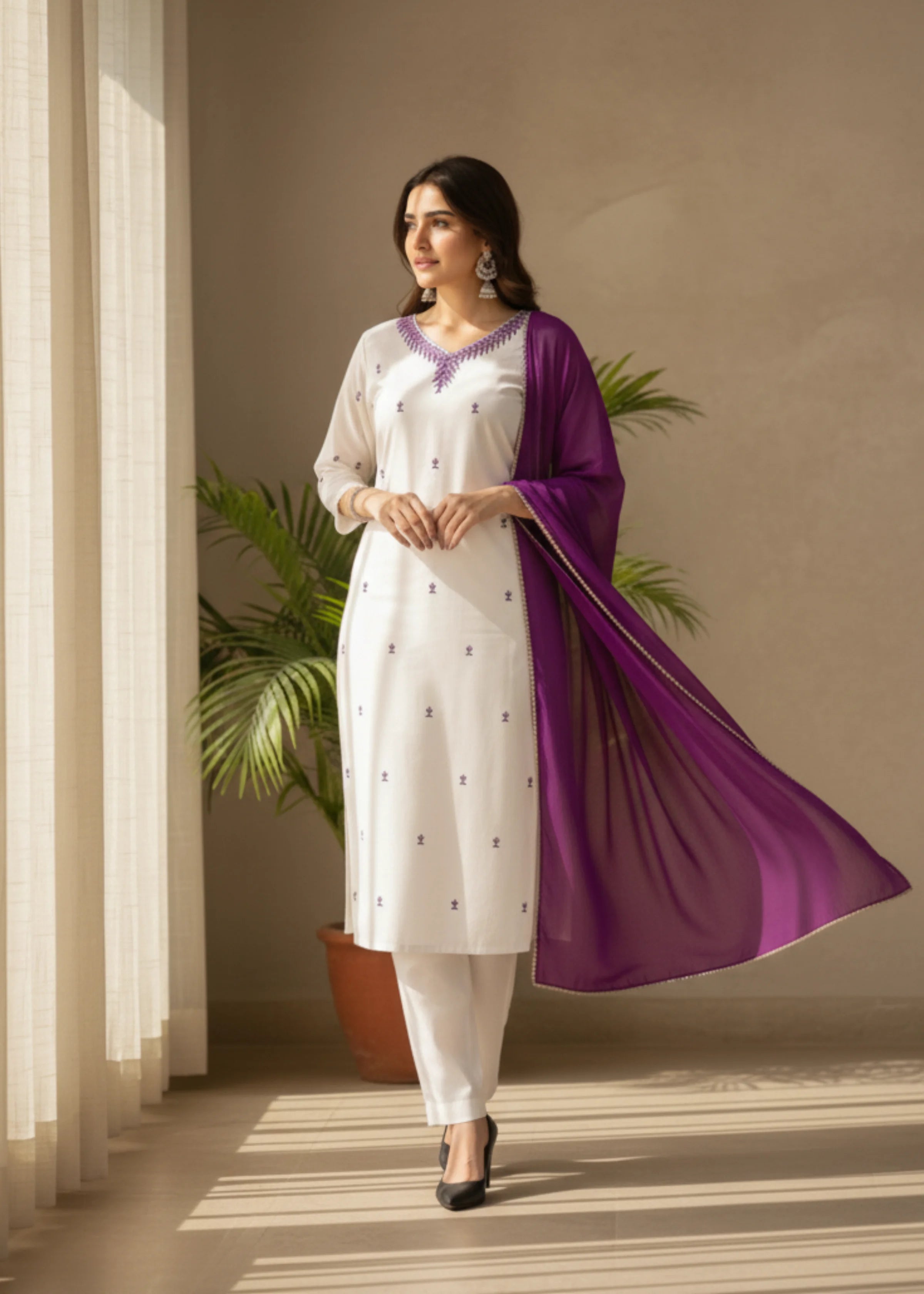 Elegant White Rayon Kurta Set with Purple Dupatta Festive And Daily Wear