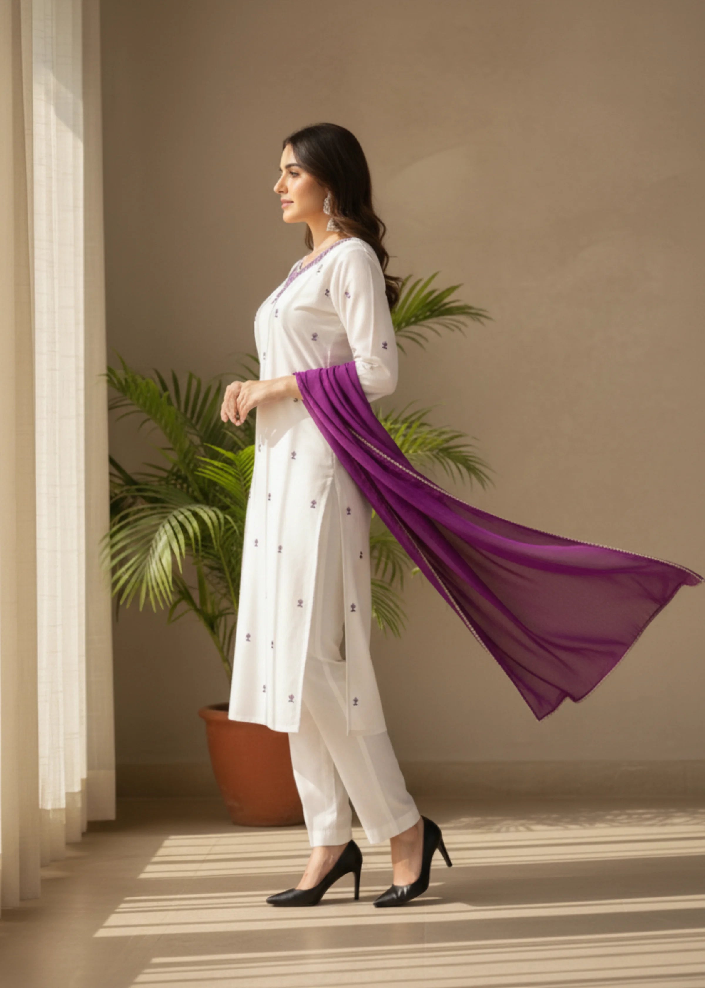Elegant White Rayon Kurta Set with Purple Dupatta Festive And Daily Wear