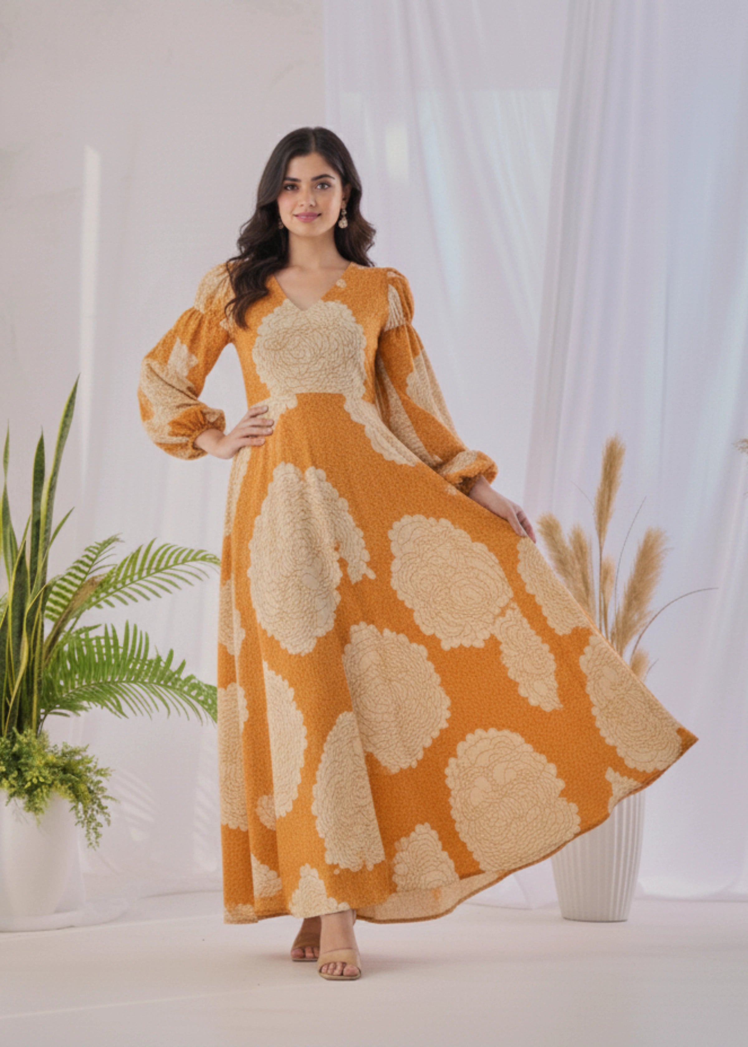Elegant Yellow Floral Long Dress with Stylish Sleeve Design