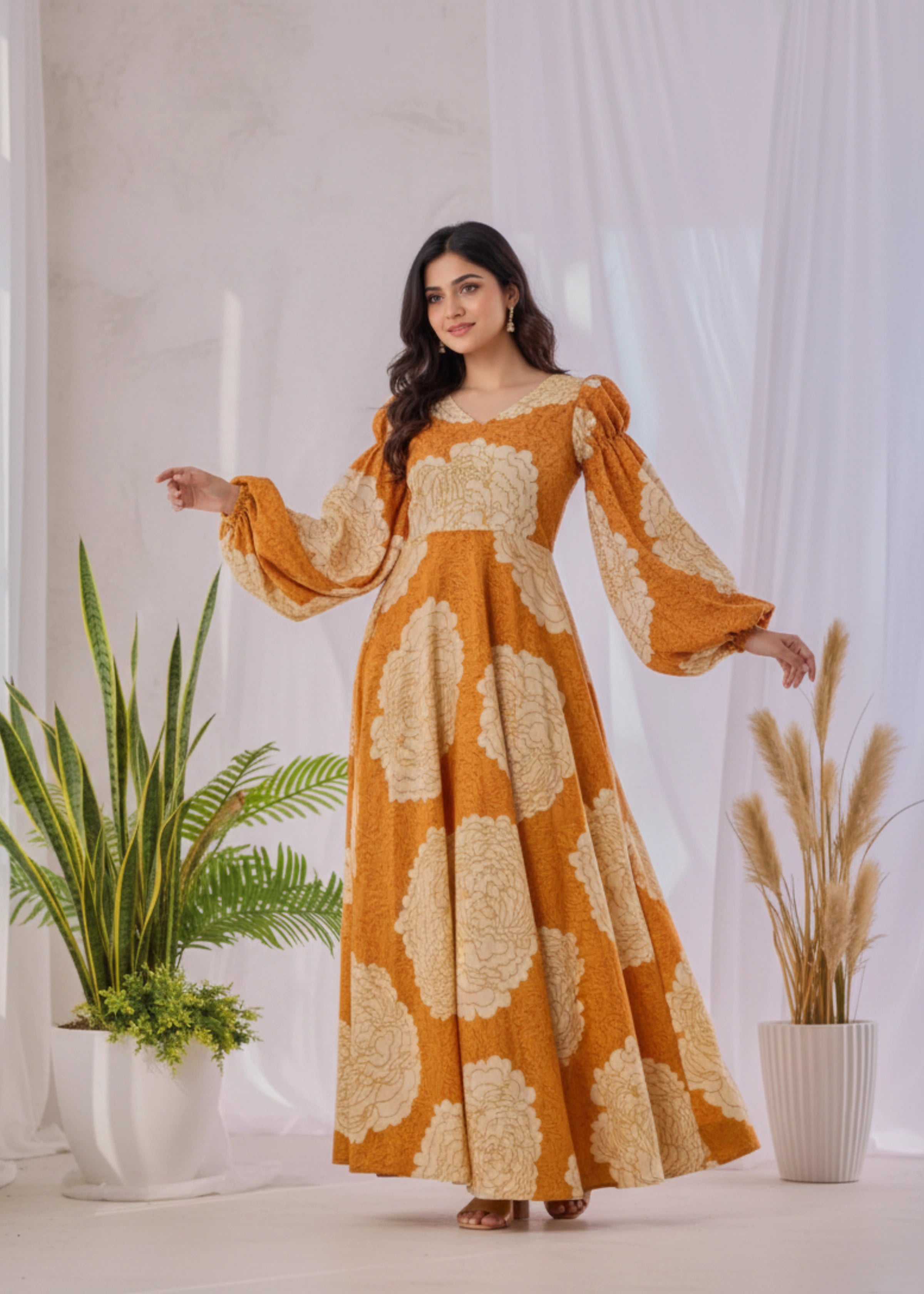 Elegant Yellow Floral Long Dress with Stylish Sleeve Design