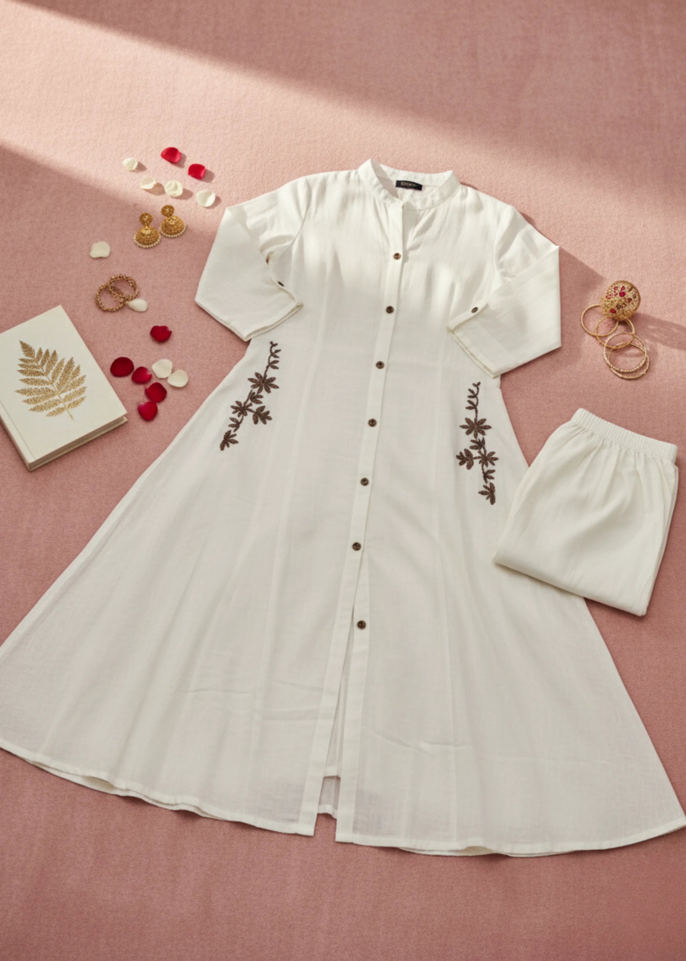Elegant Beige Cotton Kurta Set with Subtle Pocket Embroidery & Palazzo Pants
