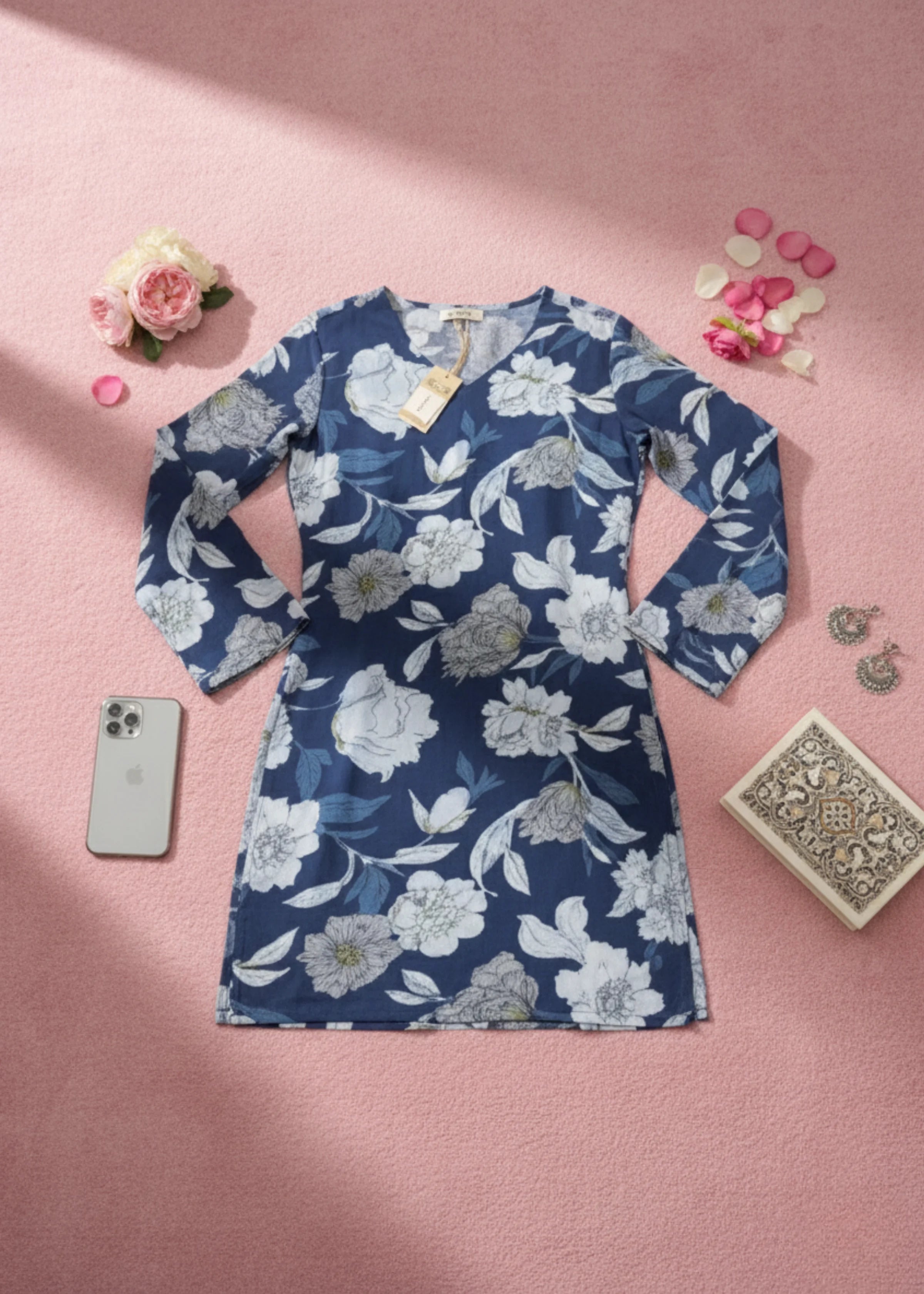 Elegant Navy Blue Rayon Floral Short Kurti with Stylish Bell Sleeves